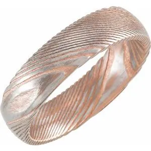 18K Rose Gold PVD Damascus Steel 6 mm Patterned Half Round Band Size 7