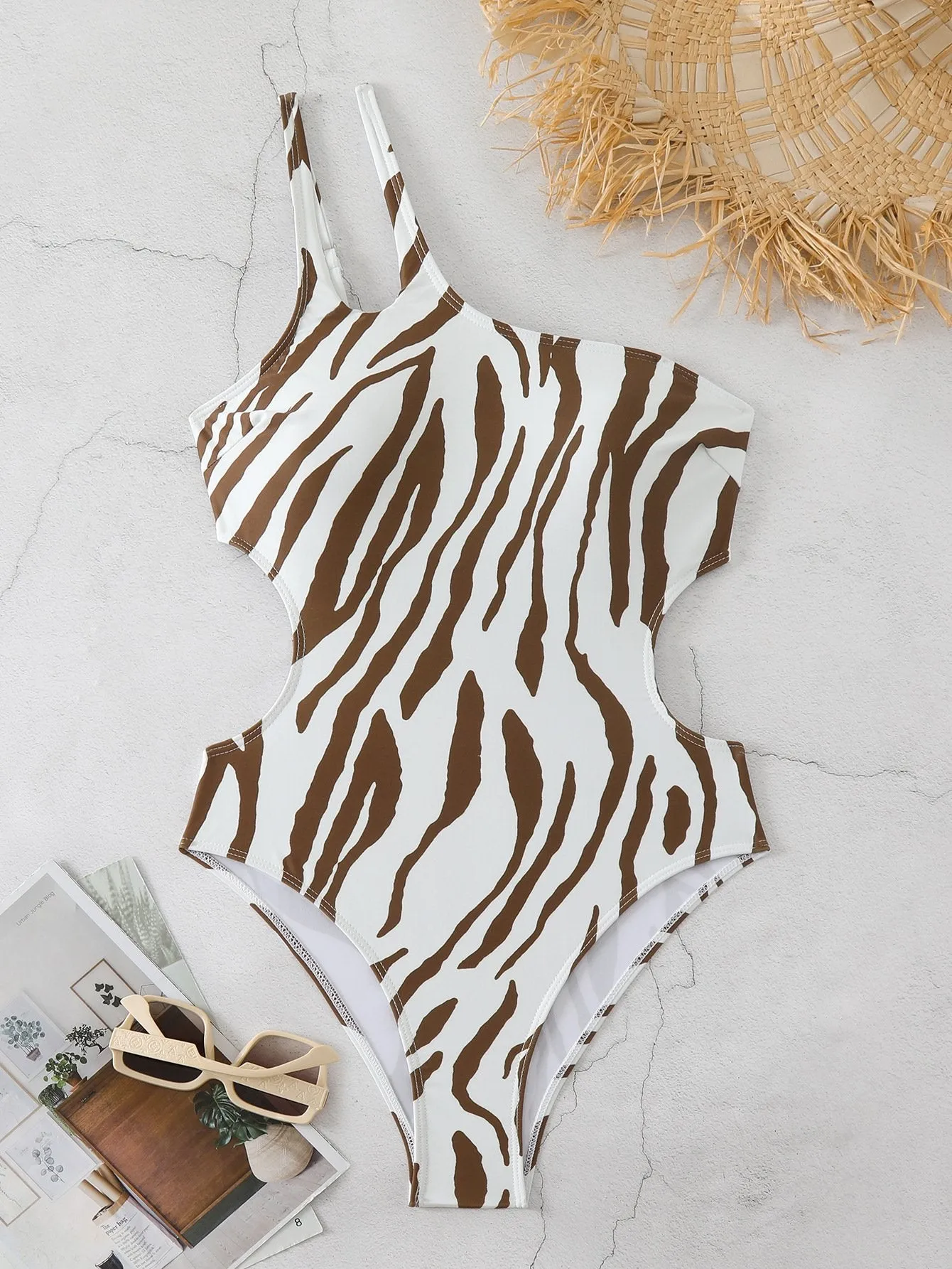 84Volt  Zebra patterned one shoulder One Piece Swimsuit - As shown / S