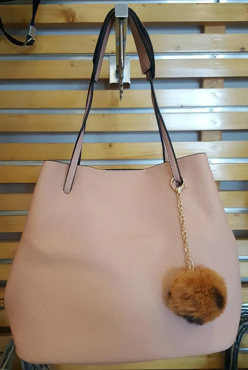 AG00190 - Pink Hobo Bag With Faux-Fur Charm