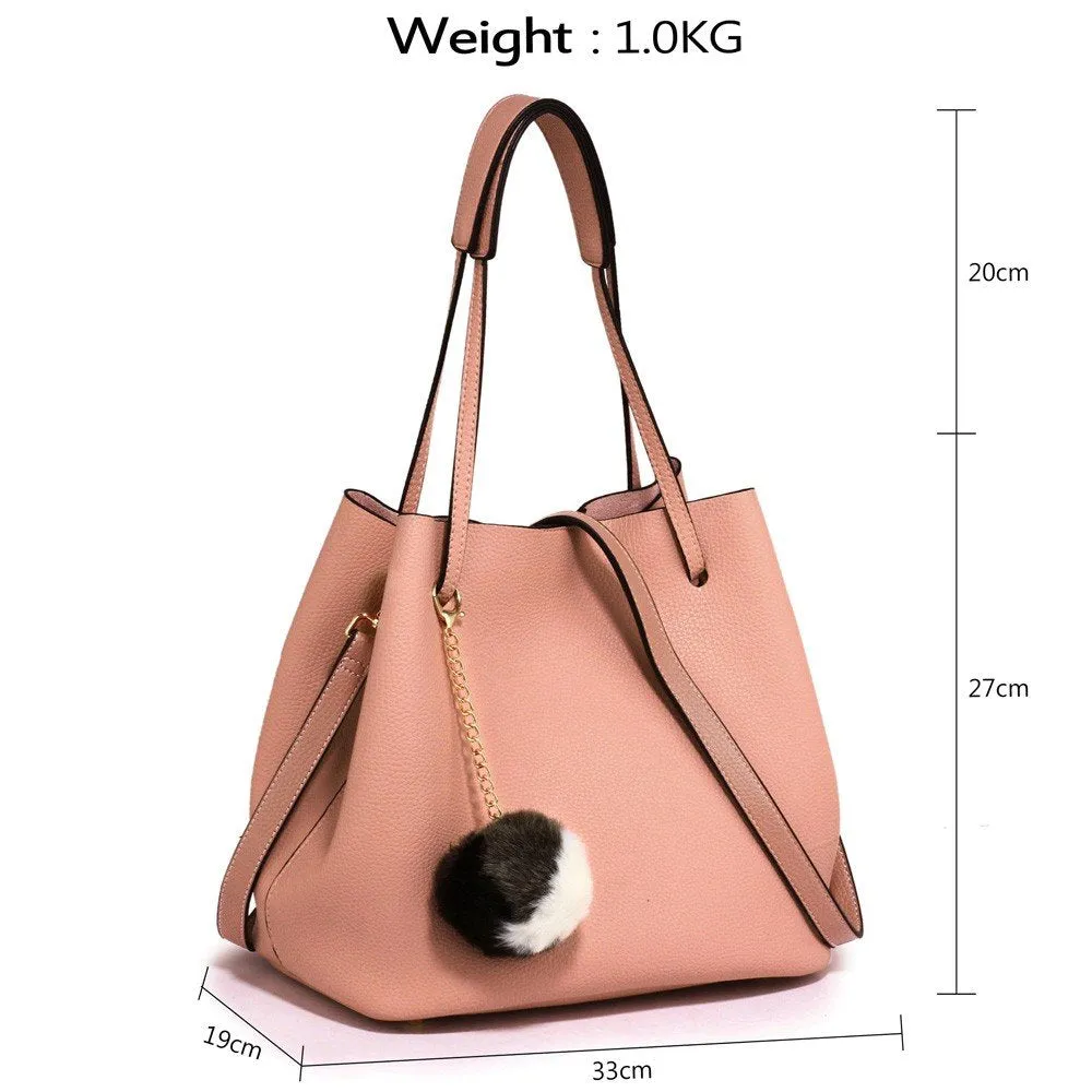 AG00190 - Pink Hobo Bag With Faux-Fur Charm