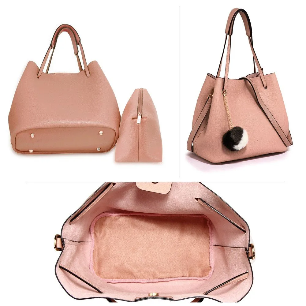 AG00190 - Pink Hobo Bag With Faux-Fur Charm
