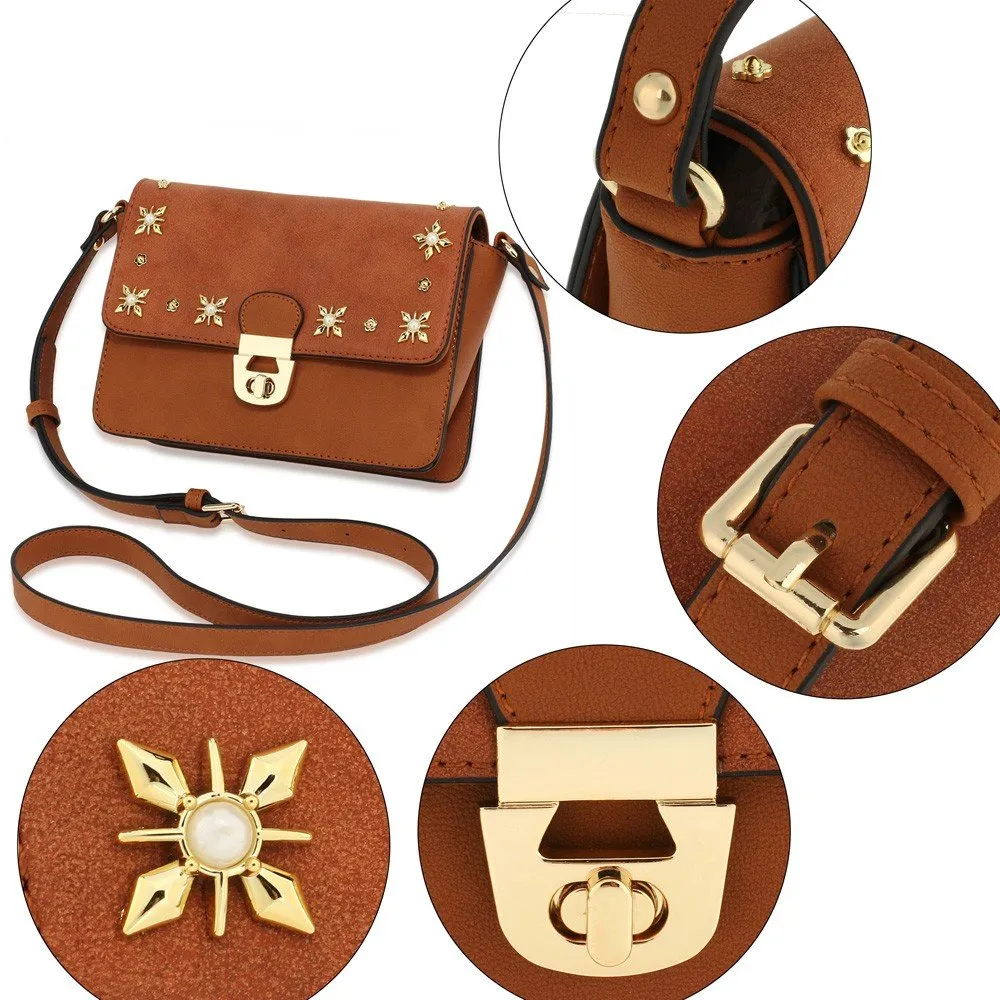 AG00718 - Tan Flap Twist Lock Cross Body Bag