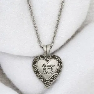 ALWAYS IN MY HEART" Silver-tone Antiqued Heart Locket Memorial with Brass Ash Holder - 24-inch Necklace with Message Card