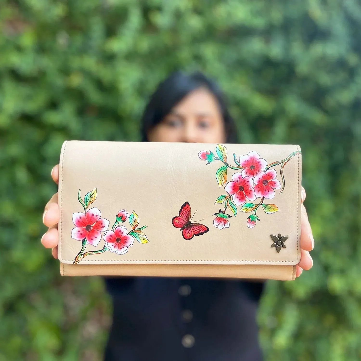 Anuschka Three Fold Wallet Flower Garden Almond Leather