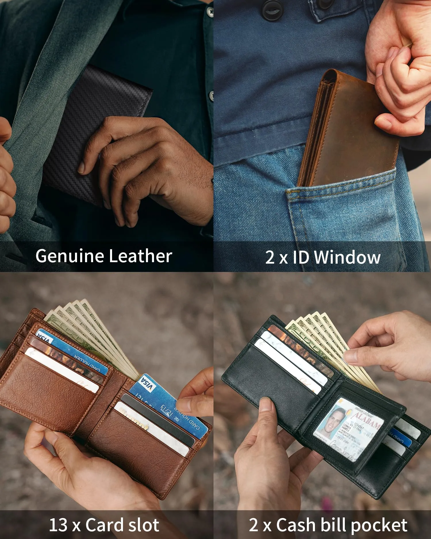 Artpaxy Mens Wallet Bifold Genuine Leather RFID Blocking Wallet for Men, 1 ID Window 13 Card Holders, Gift Box