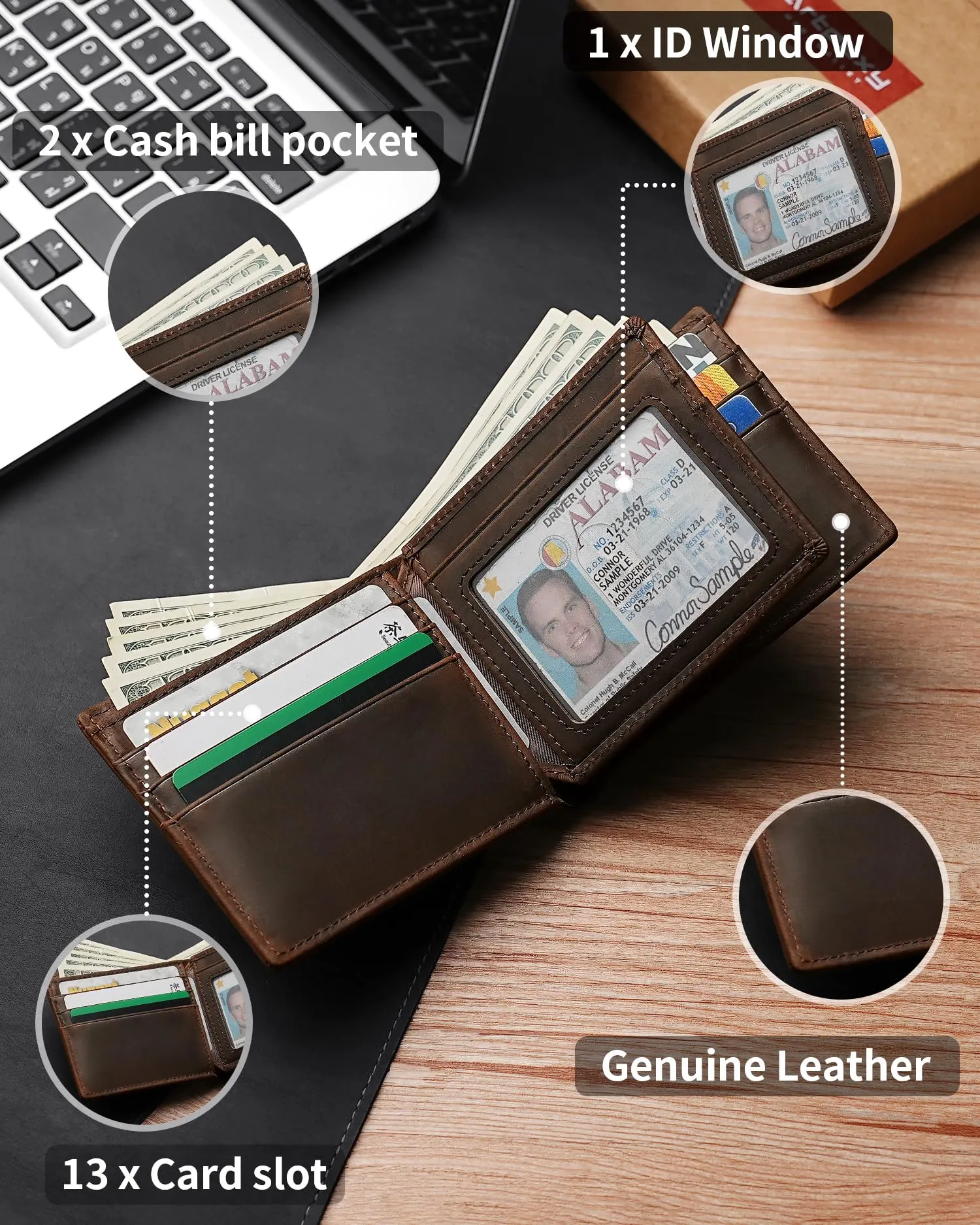 Artpaxy Mens Wallet Bifold Genuine Leather RFID Blocking Wallet for Men, 1 ID Window 13 Card Holders, Gift Box