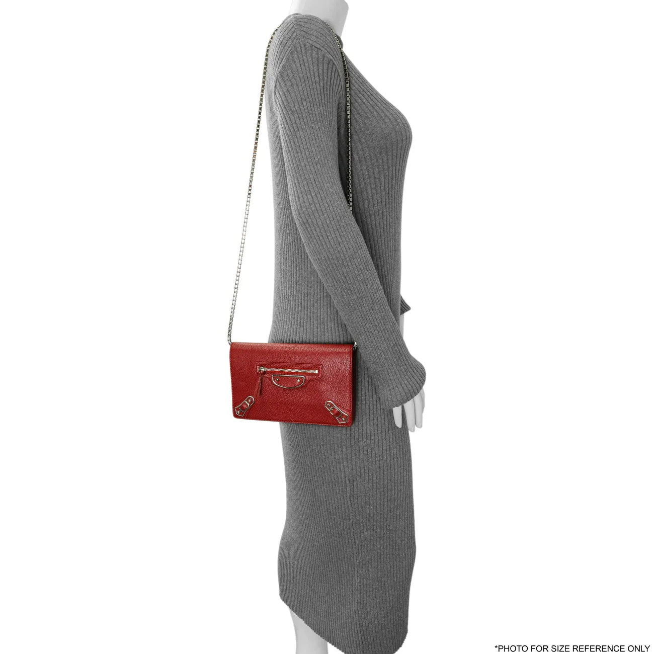 Balenciaga Rouge Groseille Chevre Metallic Edge Wallet on Chain