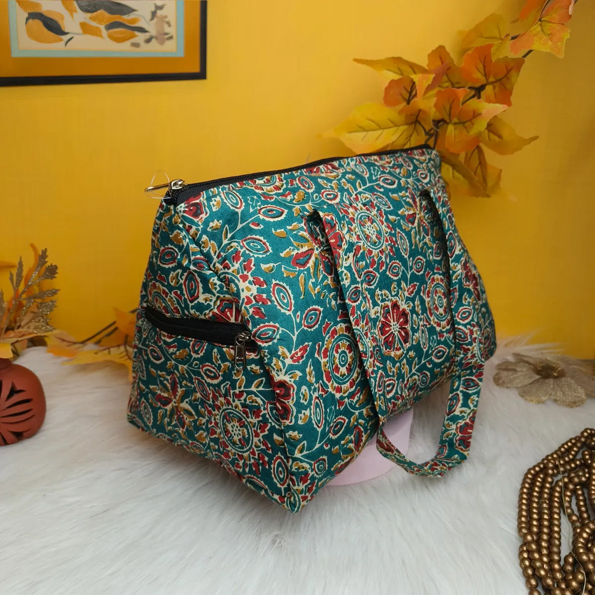 Barrel Handbags Teal Color With Flower prints