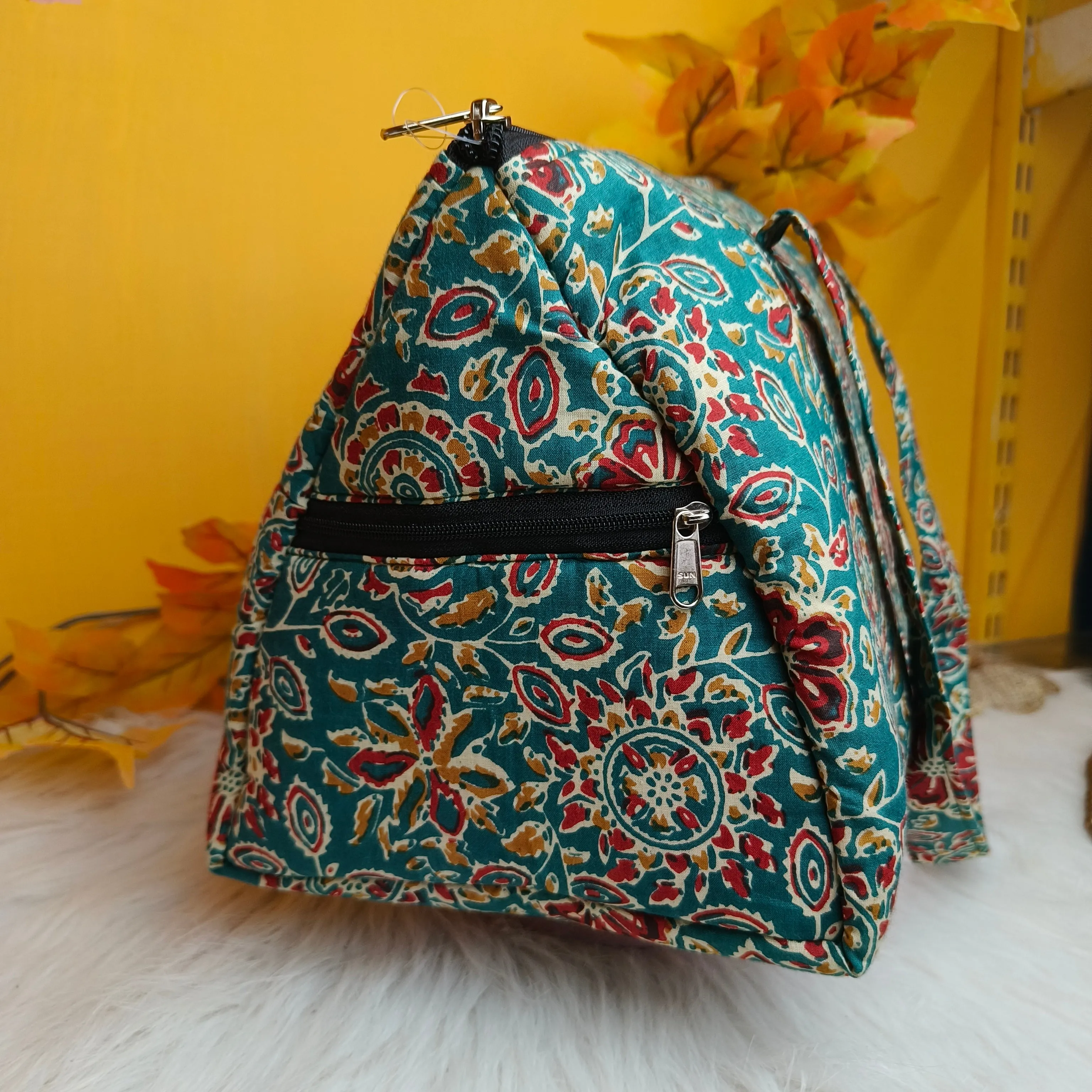 Barrel Handbags Teal Color With Flower prints