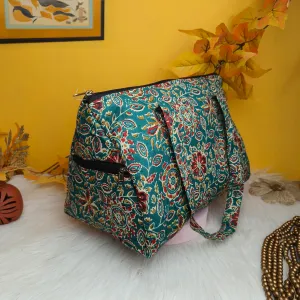 Barrel Handbags Teal Color With Flower prints