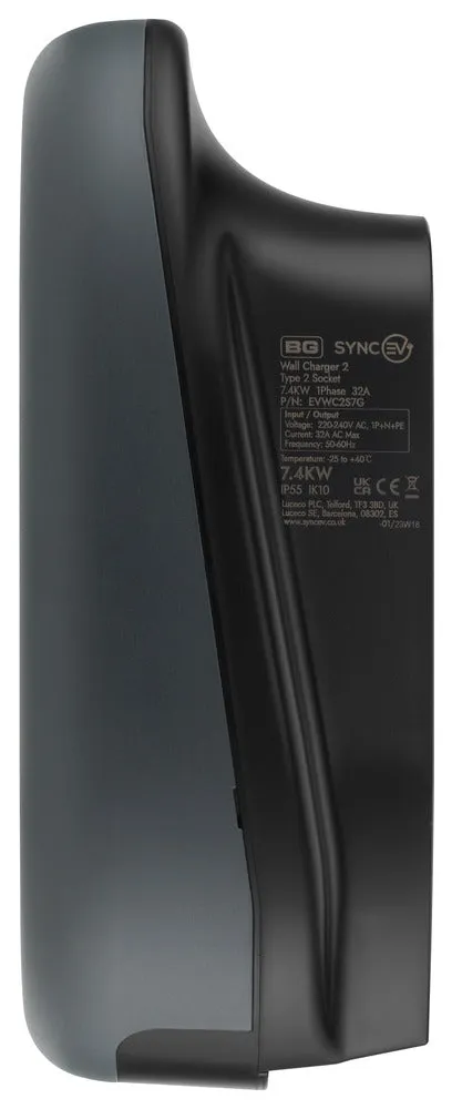 BG SyncEV EVWC2S22GGR EV Wall Charger 22kW Three Phase Type 2 Socketed Wi-Fi/LAN/4G/RFID - Black