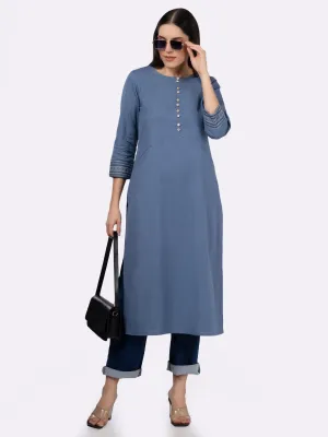 Blue Solid Cotton Kurta with Pockets & Sleeve Embroidery