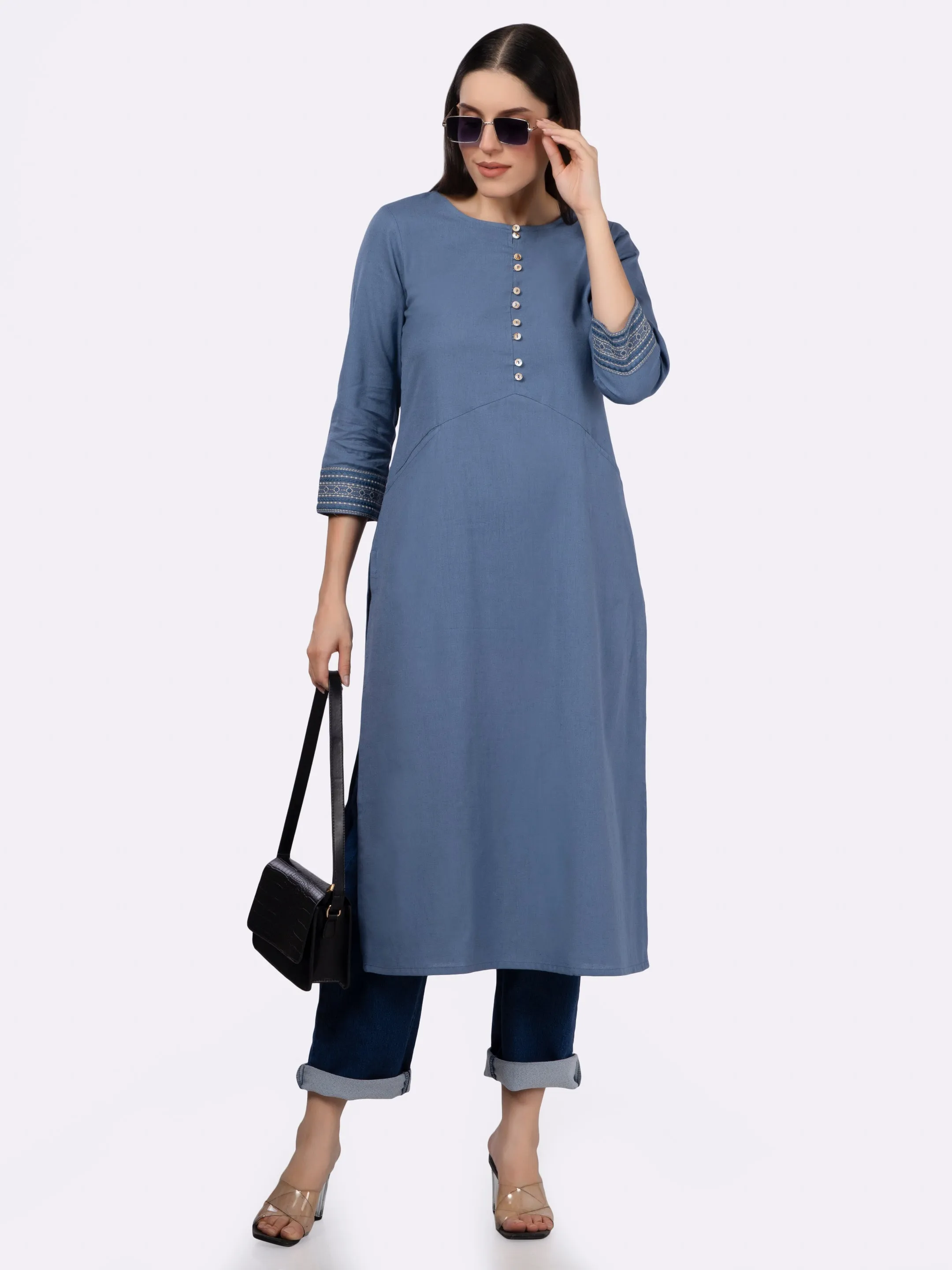 Blue Solid Cotton Kurta with Pockets & Sleeve Embroidery