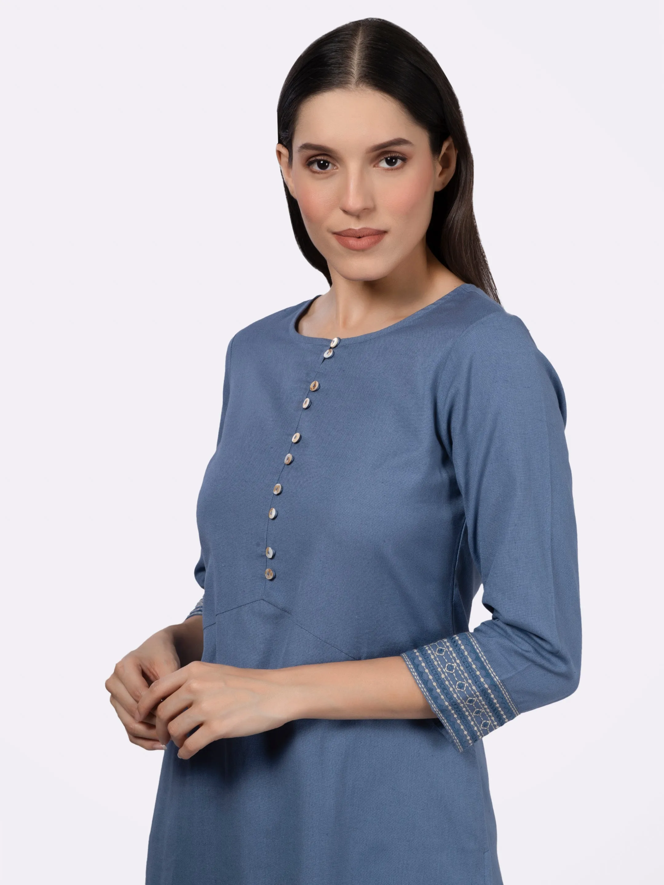 Blue Solid Cotton Kurta with Pockets & Sleeve Embroidery