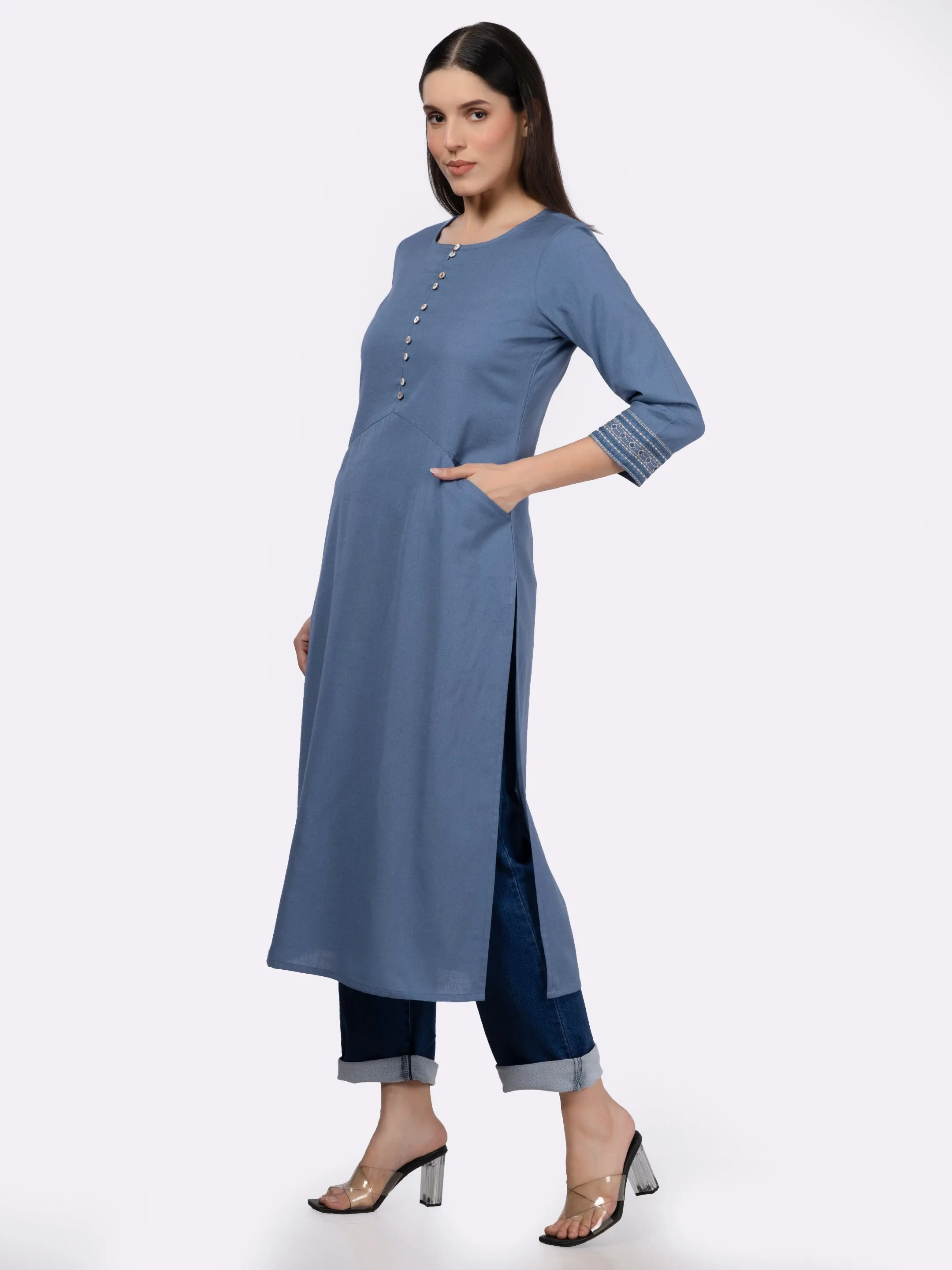 Blue Solid Cotton Kurta with Pockets & Sleeve Embroidery
