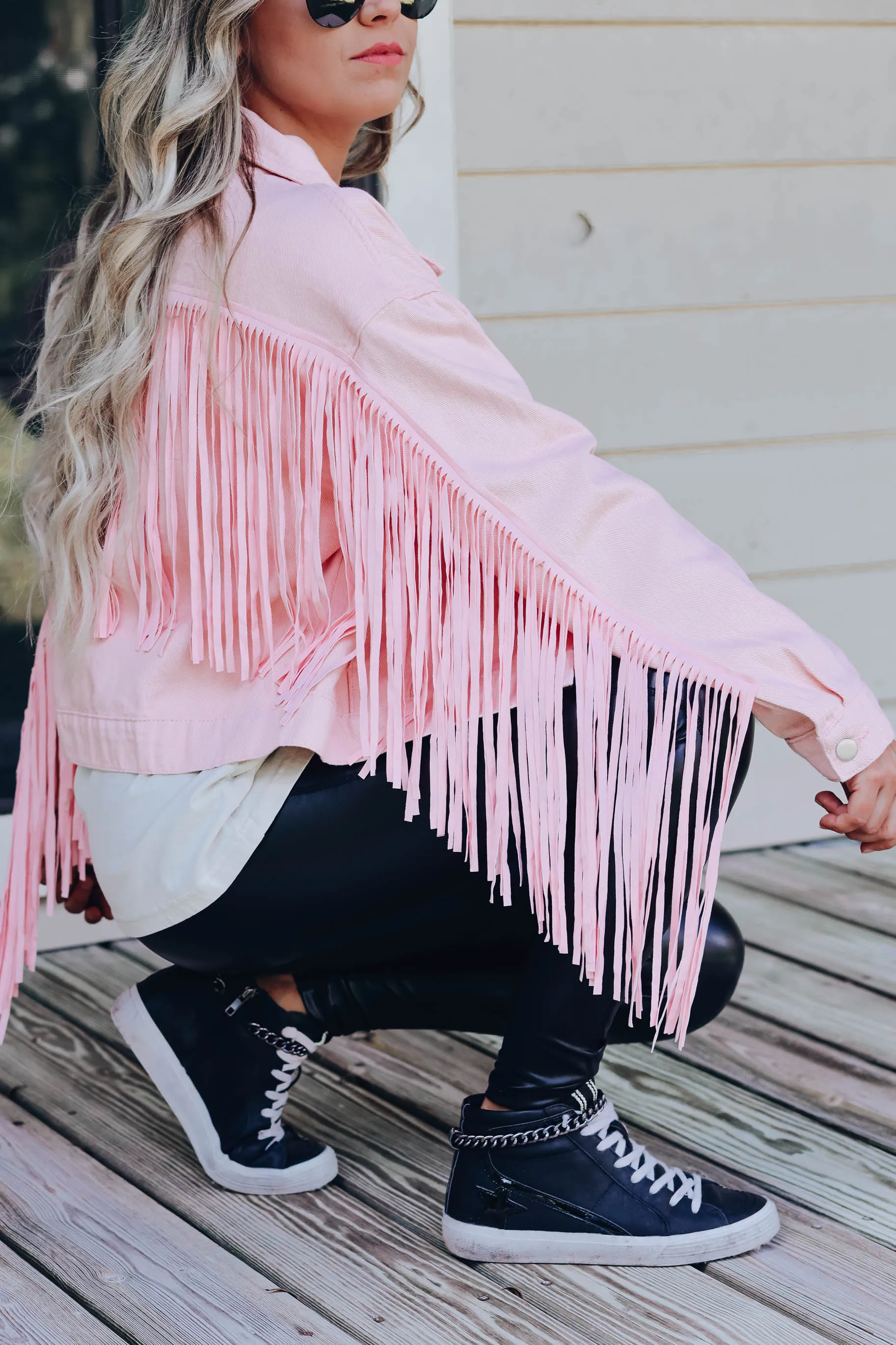 Blushing Cowgirl Fringe Denim Jacket - Pink