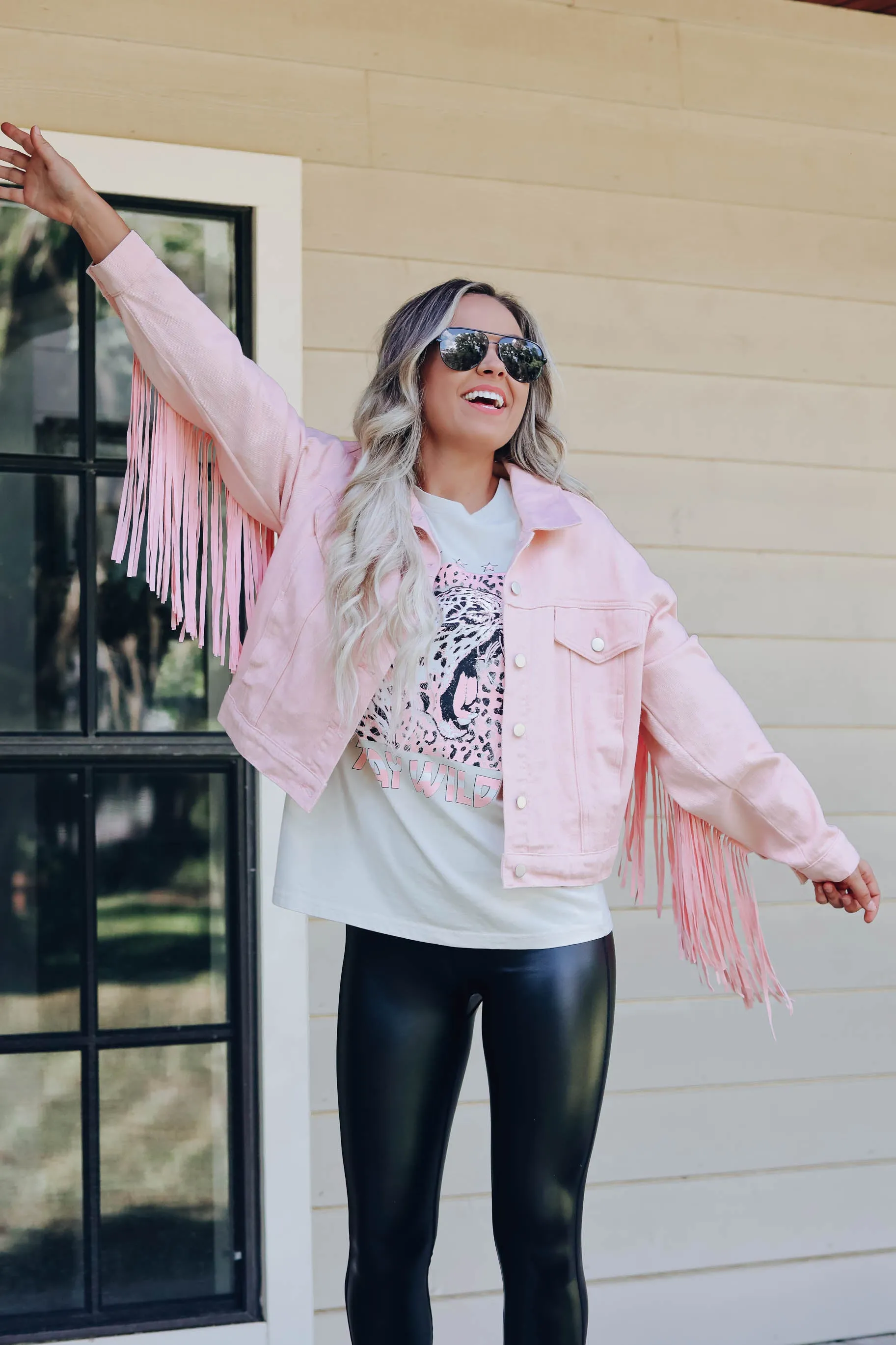 Blushing Cowgirl Fringe Denim Jacket - Pink