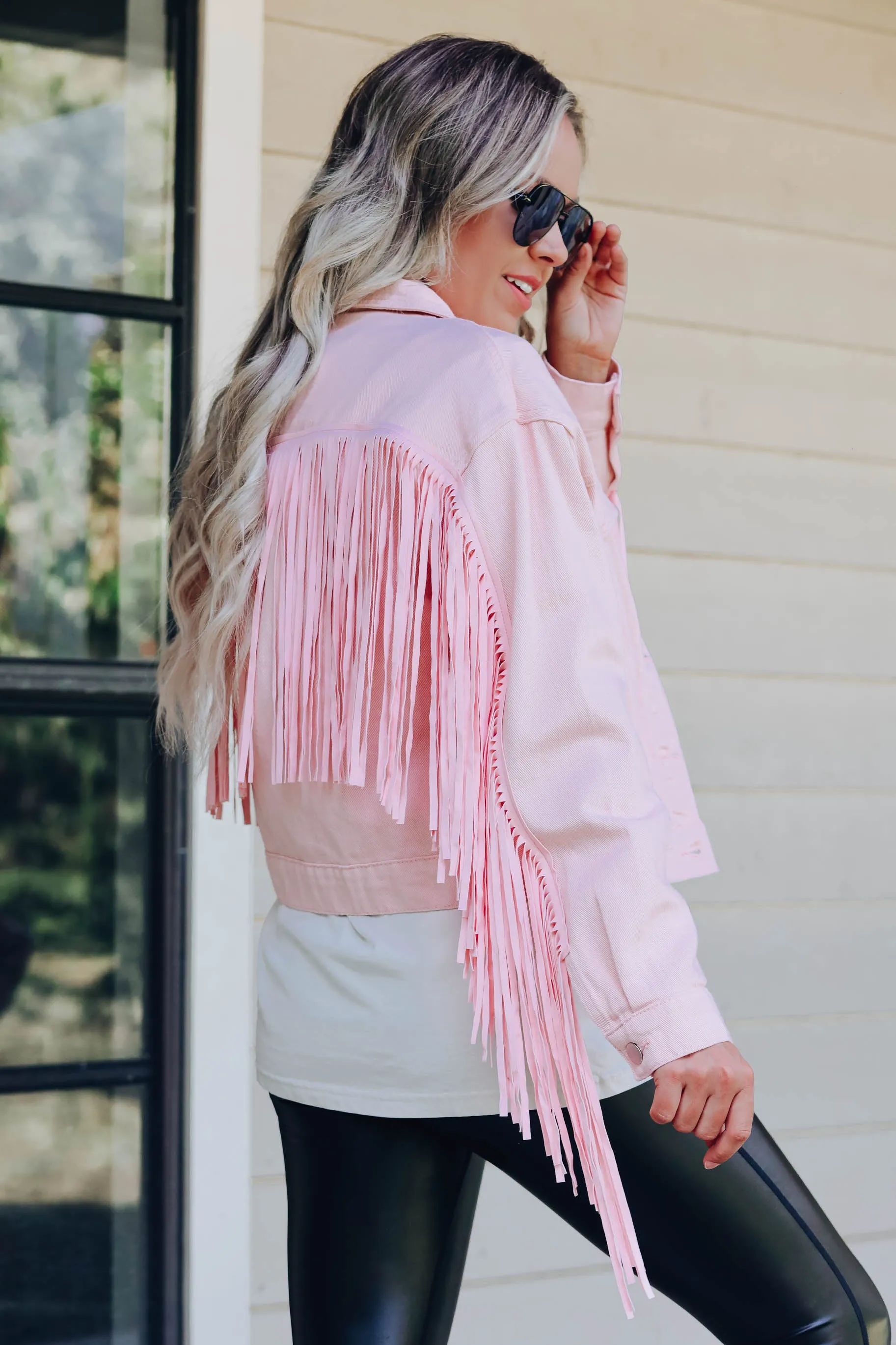 Blushing Cowgirl Fringe Denim Jacket - Pink