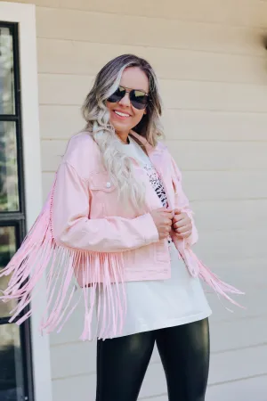 Blushing Cowgirl Fringe Denim Jacket - Pink