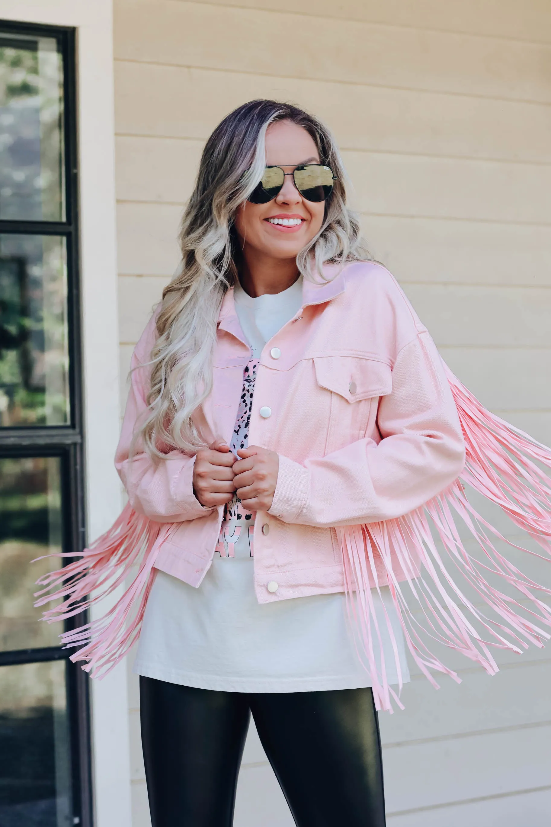 Blushing Cowgirl Fringe Denim Jacket - Pink