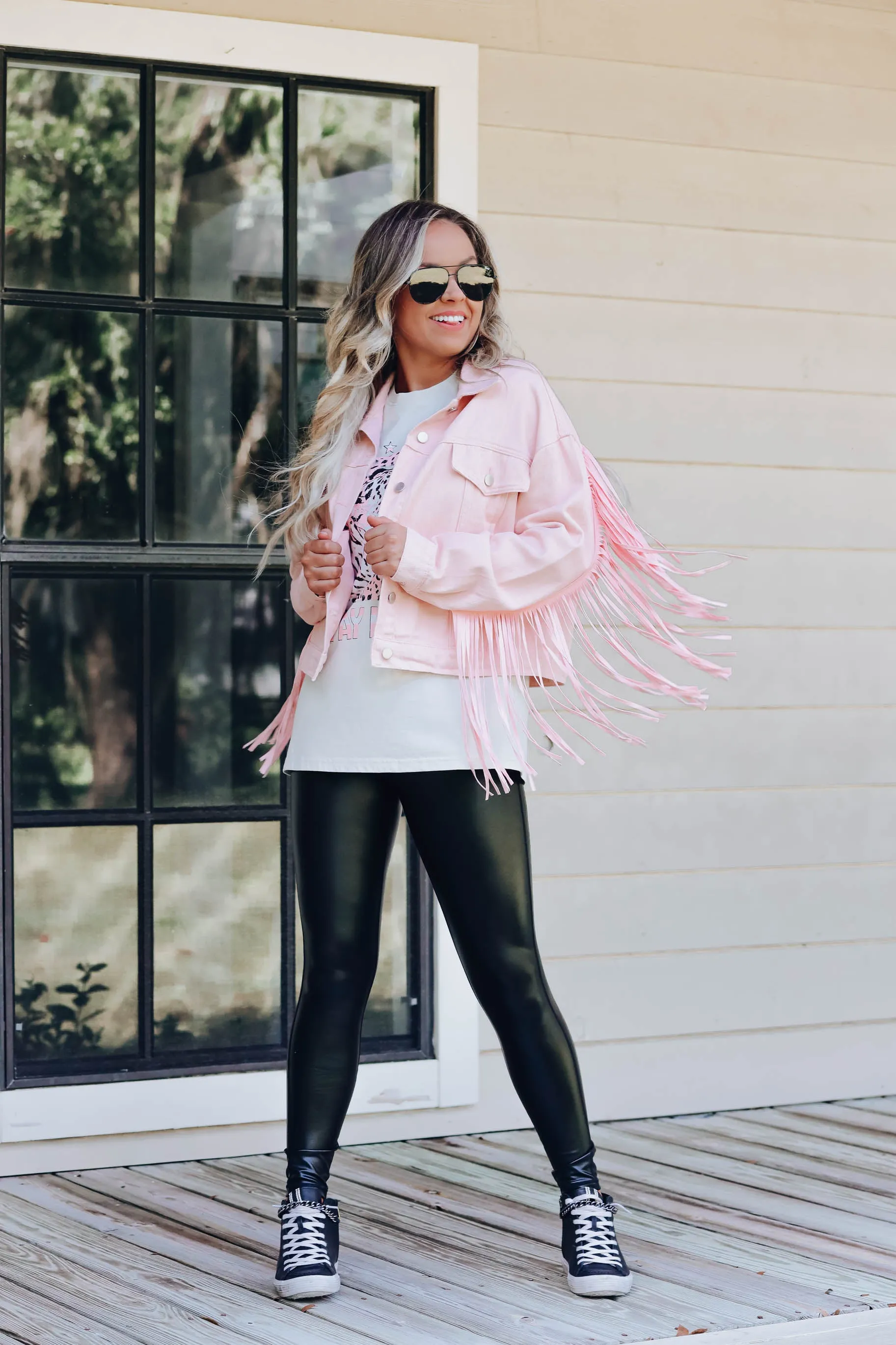 Blushing Cowgirl Fringe Denim Jacket - Pink