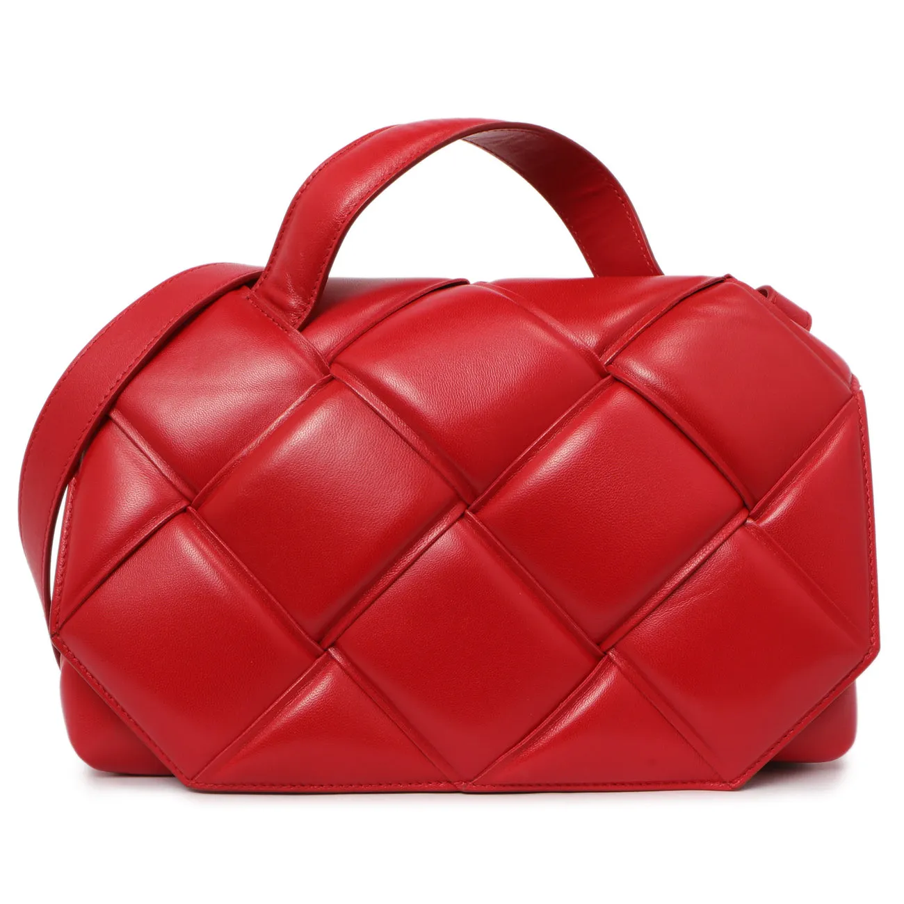 Bottega Veneta Red Nappa Intreccio Padded Top Handle Shoulder Bag