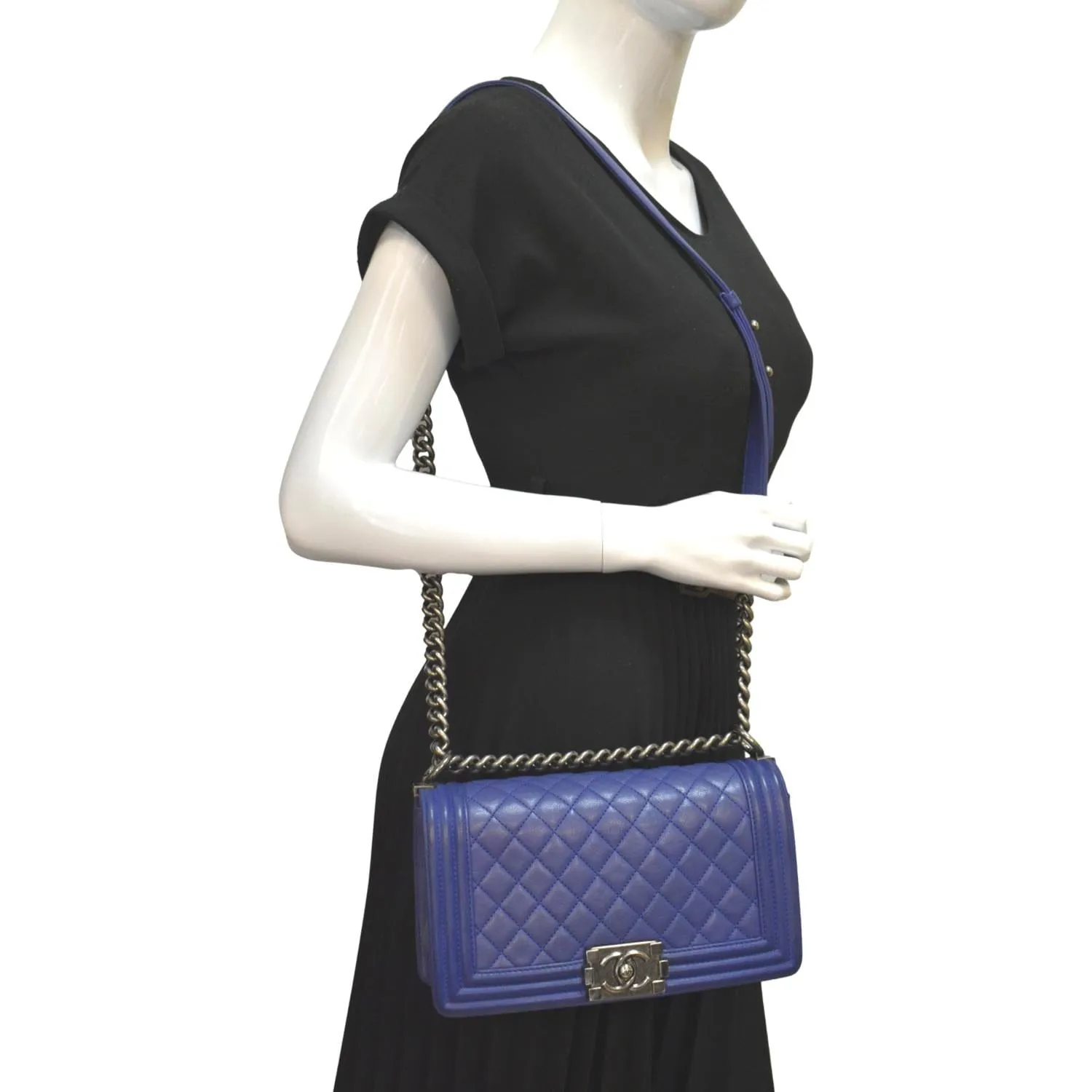 CHANEL Boy Flap Calf Leather Crossbody Bag Blue