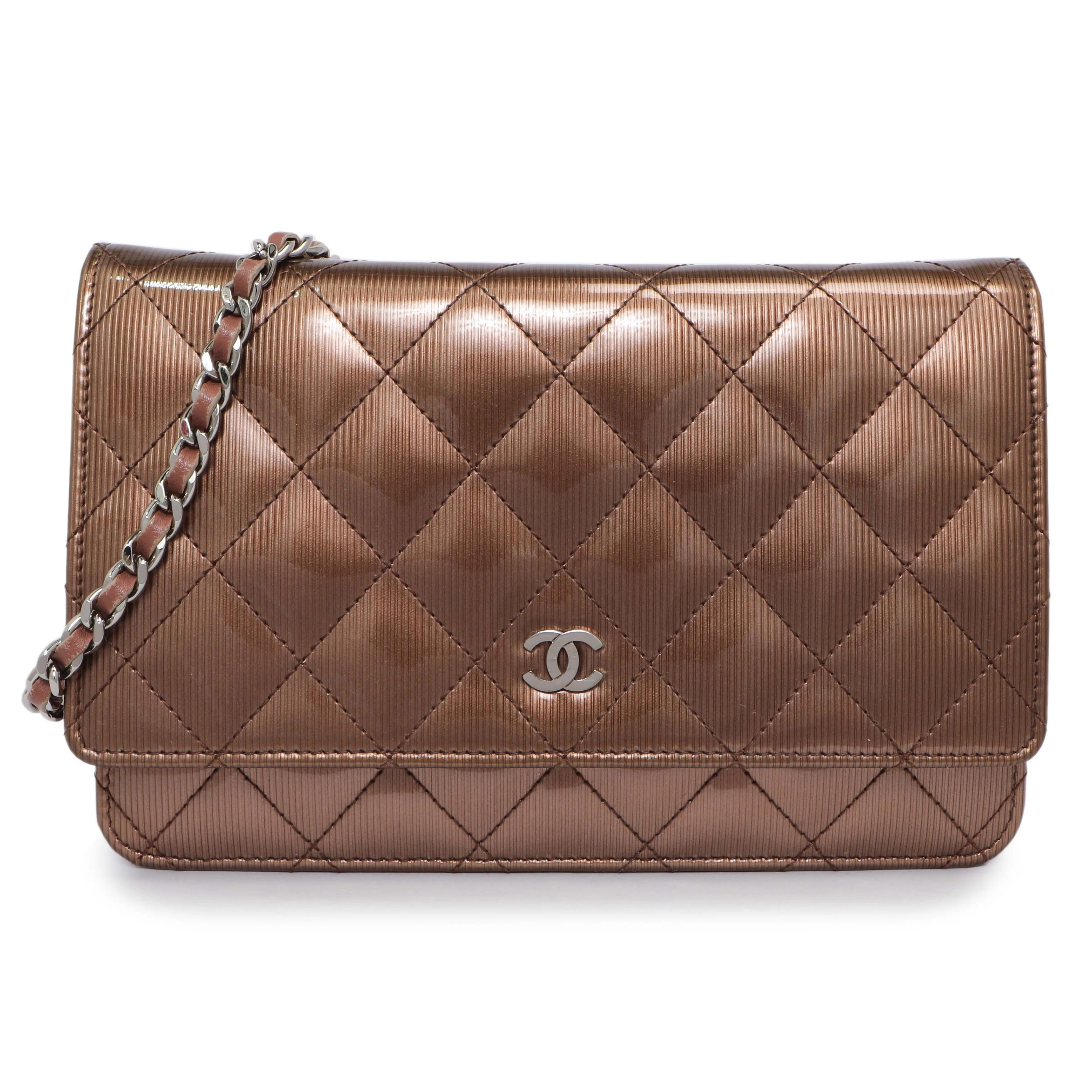 Chanel Bronze Striated Quilted Patent Wallet on Chain