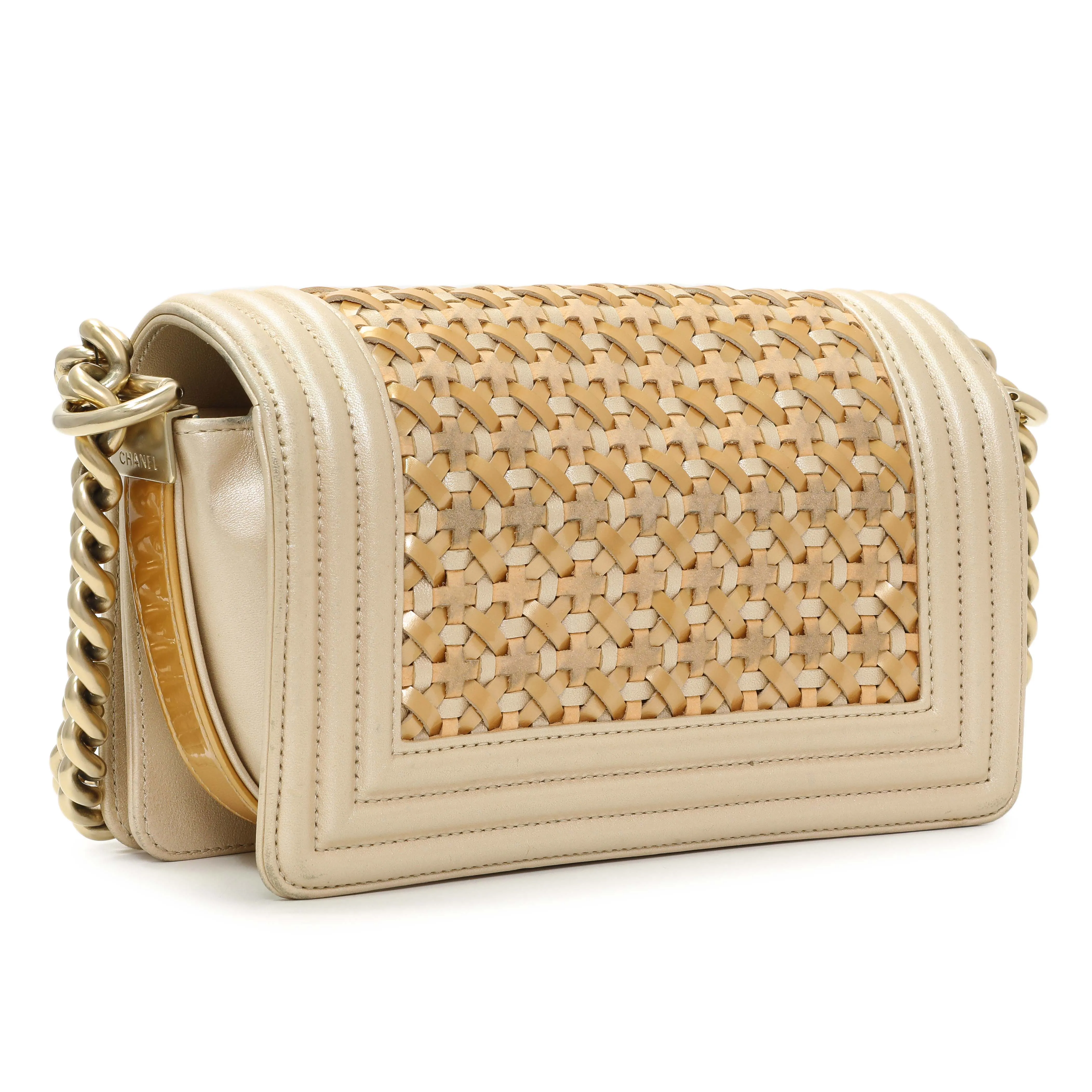 Chanel Champagne Braided Lambskin & Patent Small Boy Bag