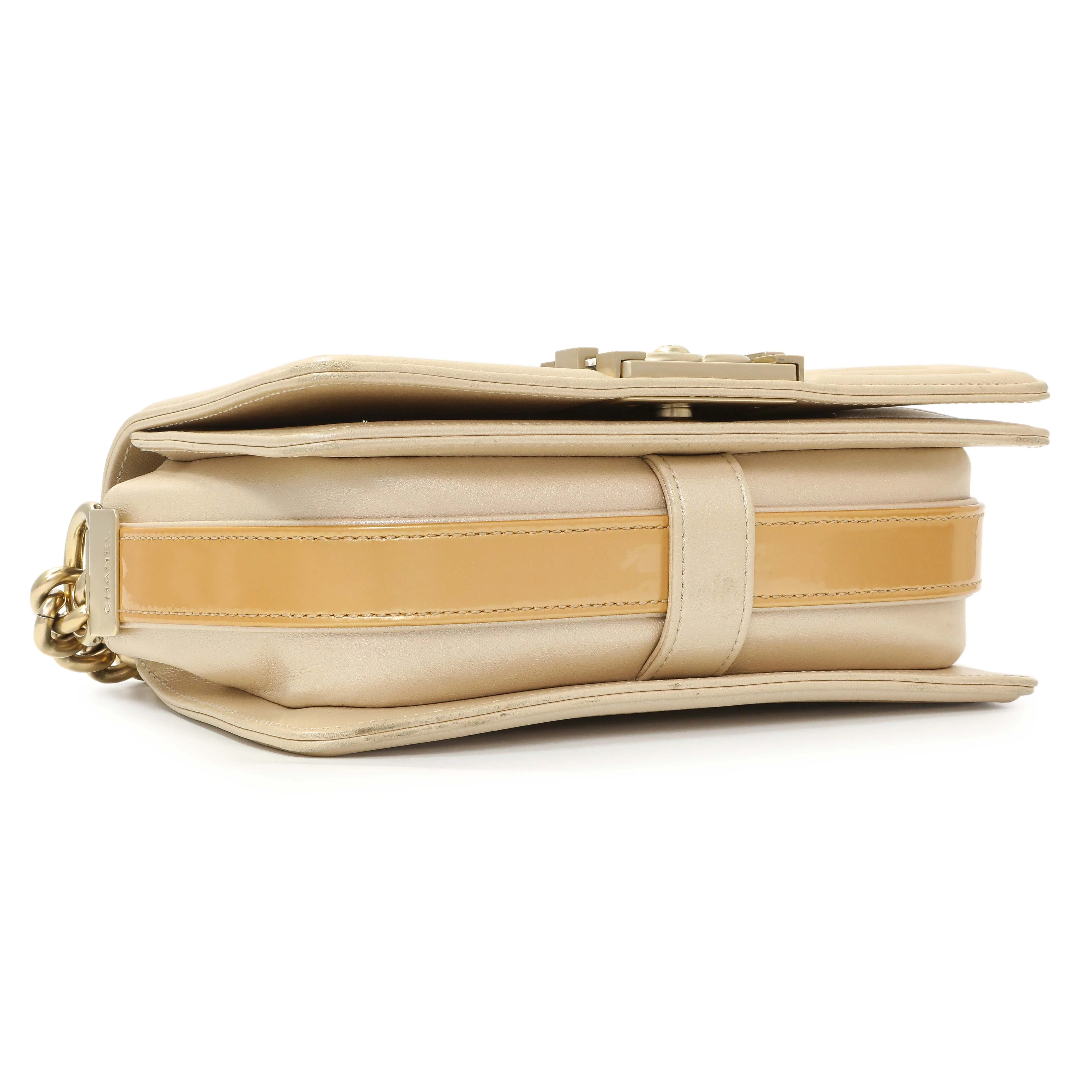 Chanel Champagne Braided Lambskin & Patent Small Boy Bag