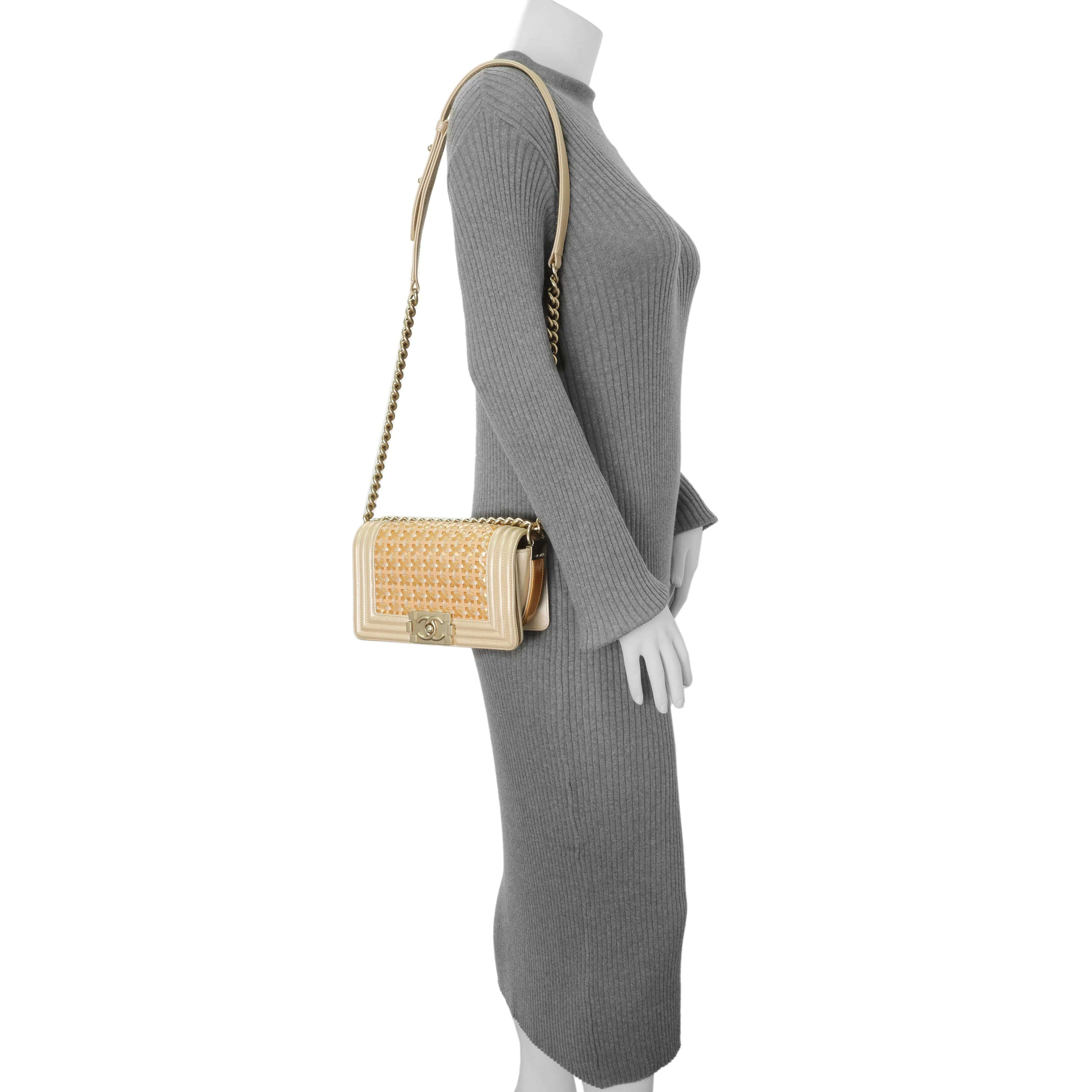 Chanel Champagne Braided Lambskin & Patent Small Boy Bag