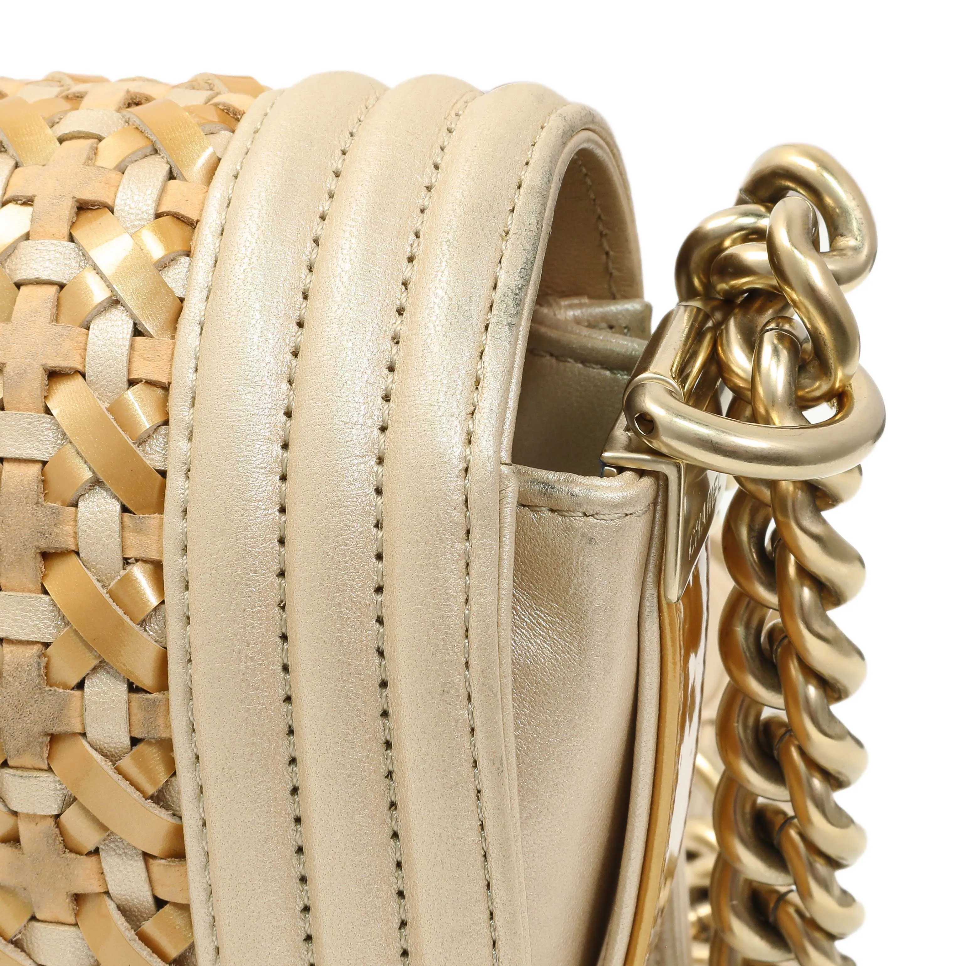 Chanel Champagne Braided Lambskin & Patent Small Boy Bag