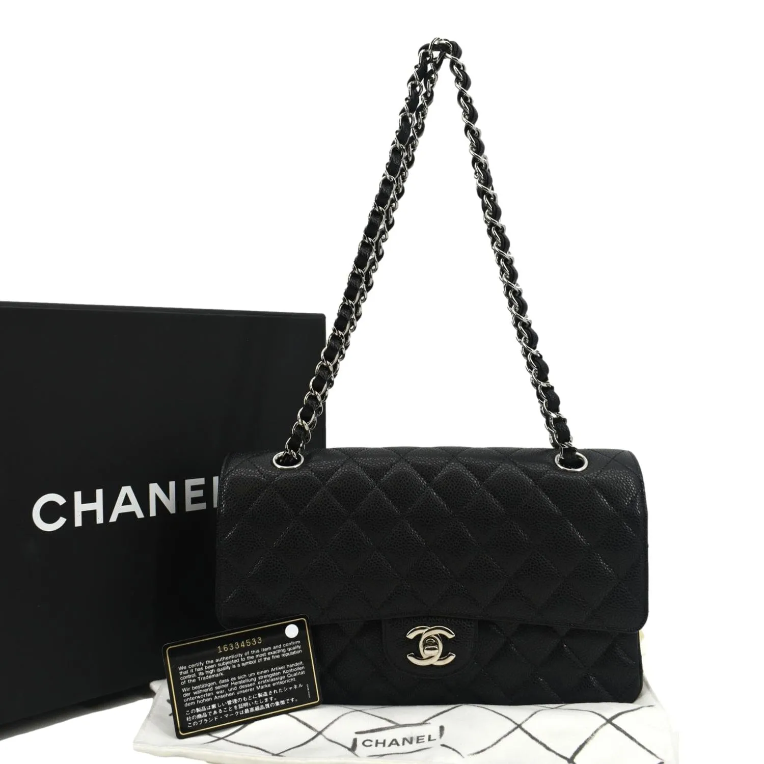 CHANEL Classic Double Flap Medium Leather Shoulder Bag Black