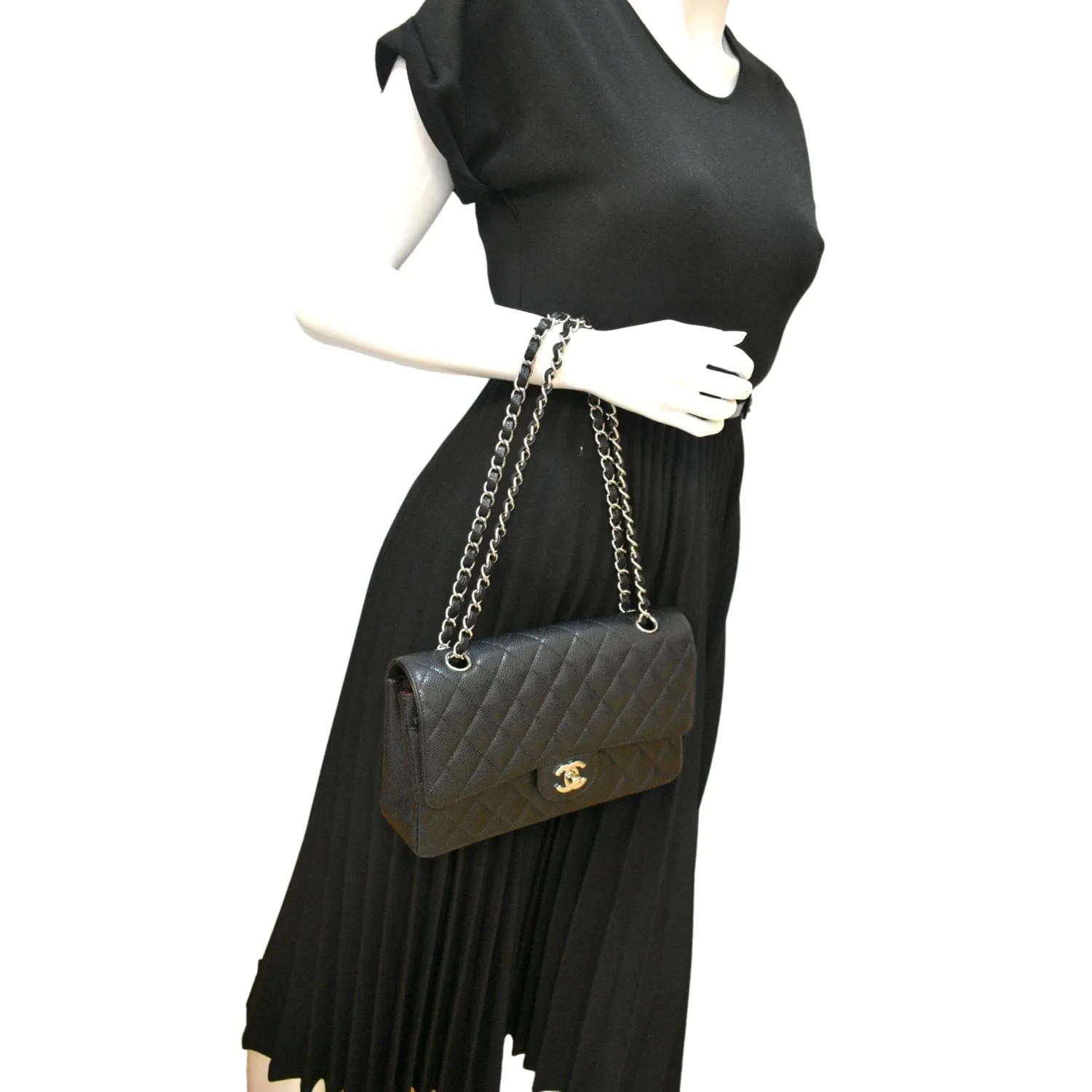 CHANEL Classic Double Flap Medium Leather Shoulder Bag Black