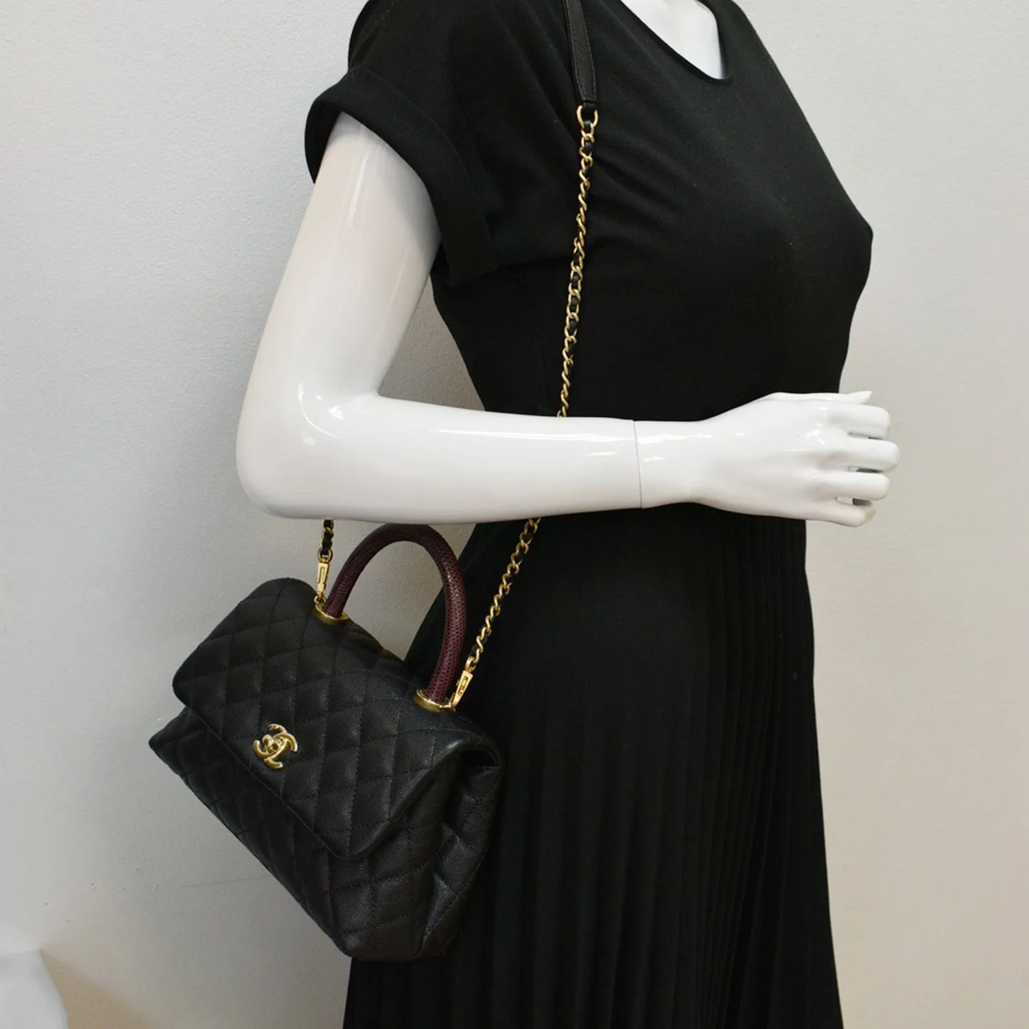 CHANEL Coco Mini Top Lizard Handle Caviar Leather Shoulder Bag Black