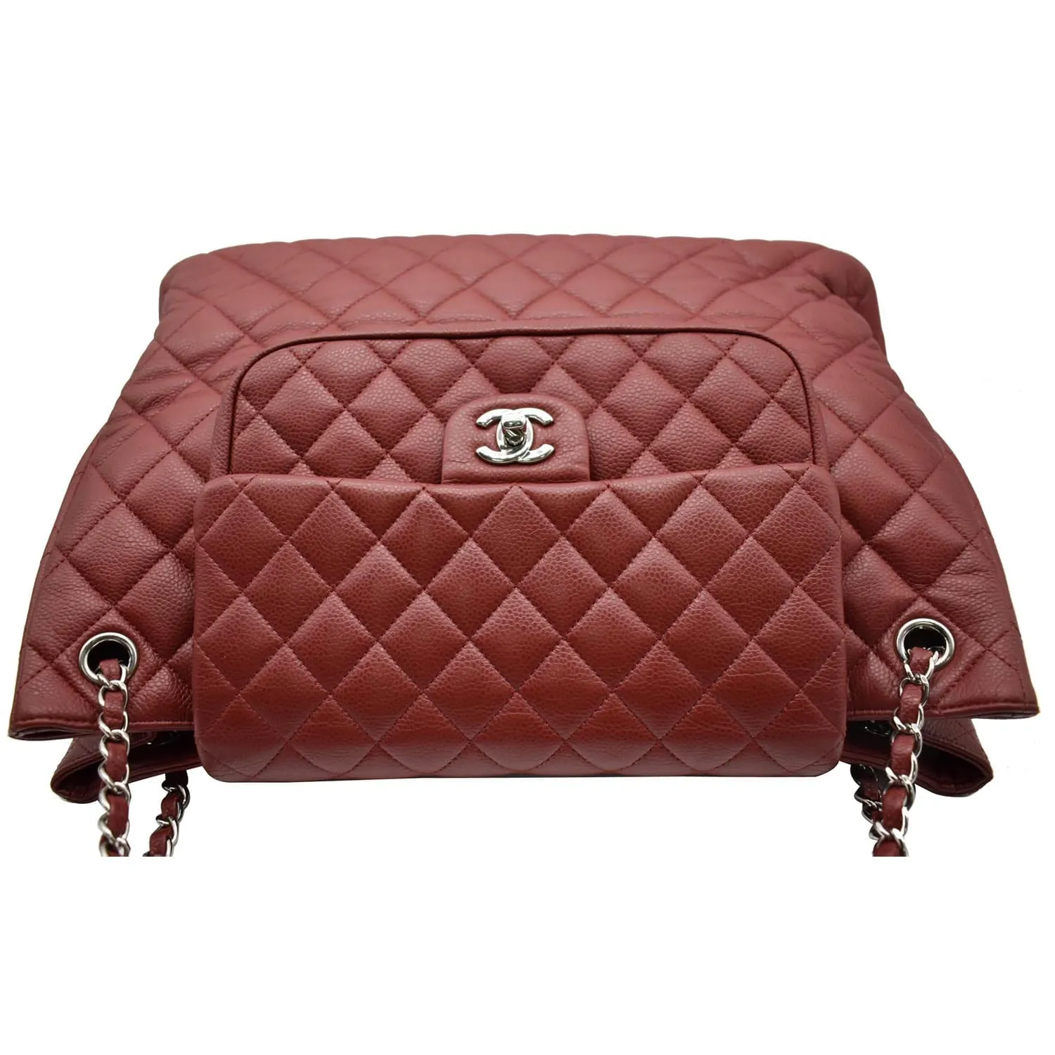 CHANEL Front Flap Pocket Quilted Caviar Leather Tote Shoulder Bag Red- 20% OFF