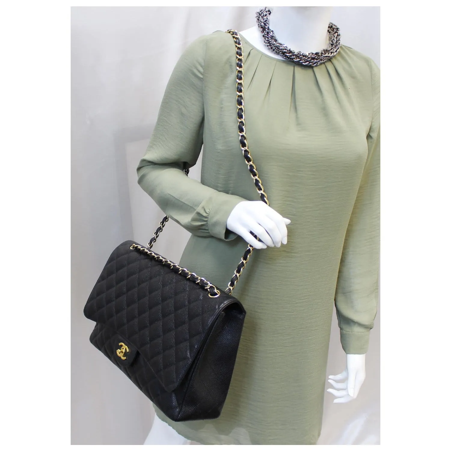 CHANEL Maxi Jumbo Classic Flap Caviar Leather Shoulder Bag Black