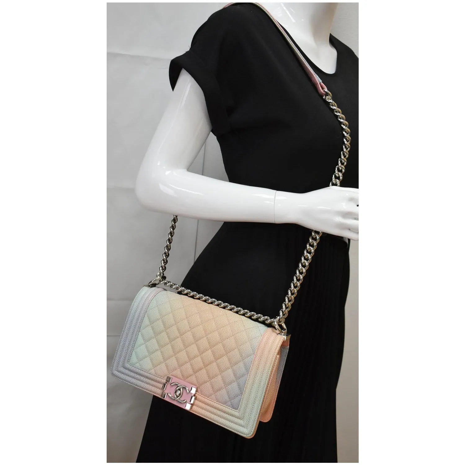 CHANEL Medium Rainbow Boy Flap Caviar Leather Shoulder Bag Multicolor