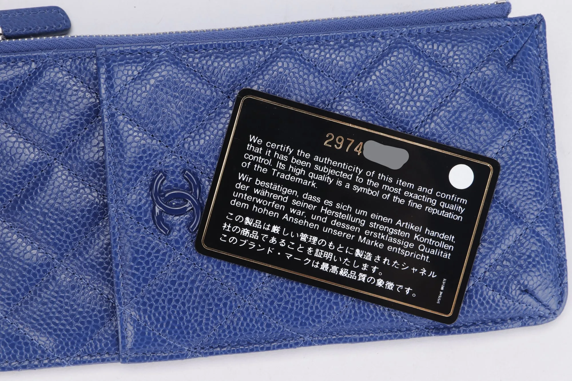 Chanel Metallic Blue Caviar Leather Phone Card Holder (2974xxxx), with Dust Cover & Box