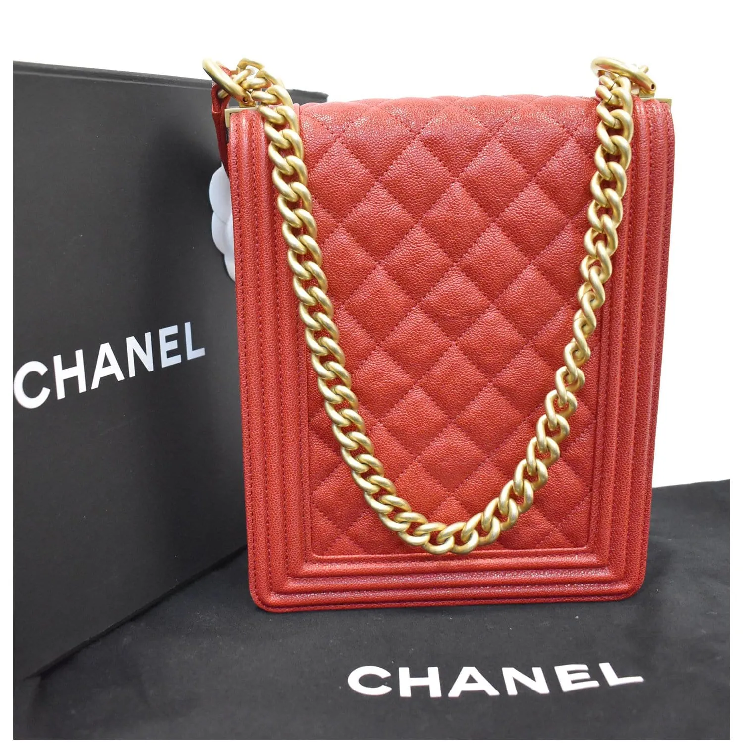 CHANEL North South Boy Quilted Caviar Leather Crossbody Bag Red