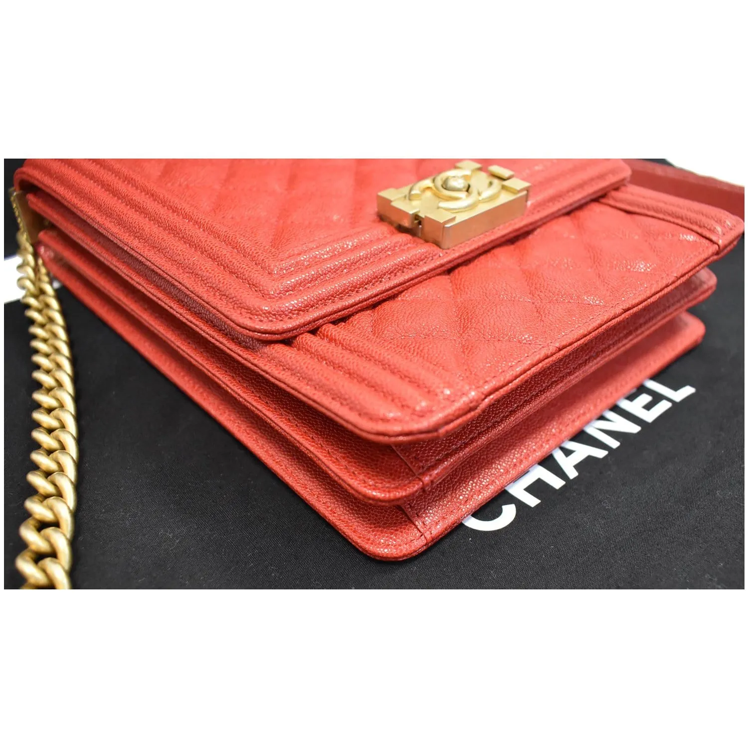 CHANEL North South Boy Quilted Caviar Leather Crossbody Bag Red
