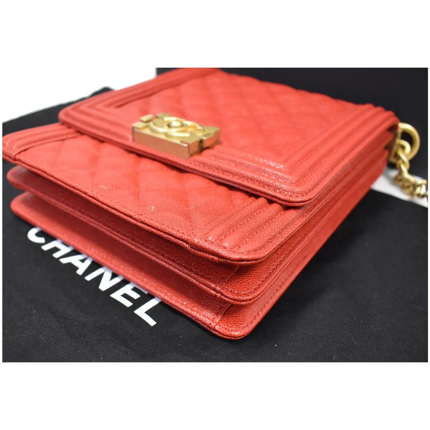CHANEL North South Boy Quilted Caviar Leather Crossbody Bag Red