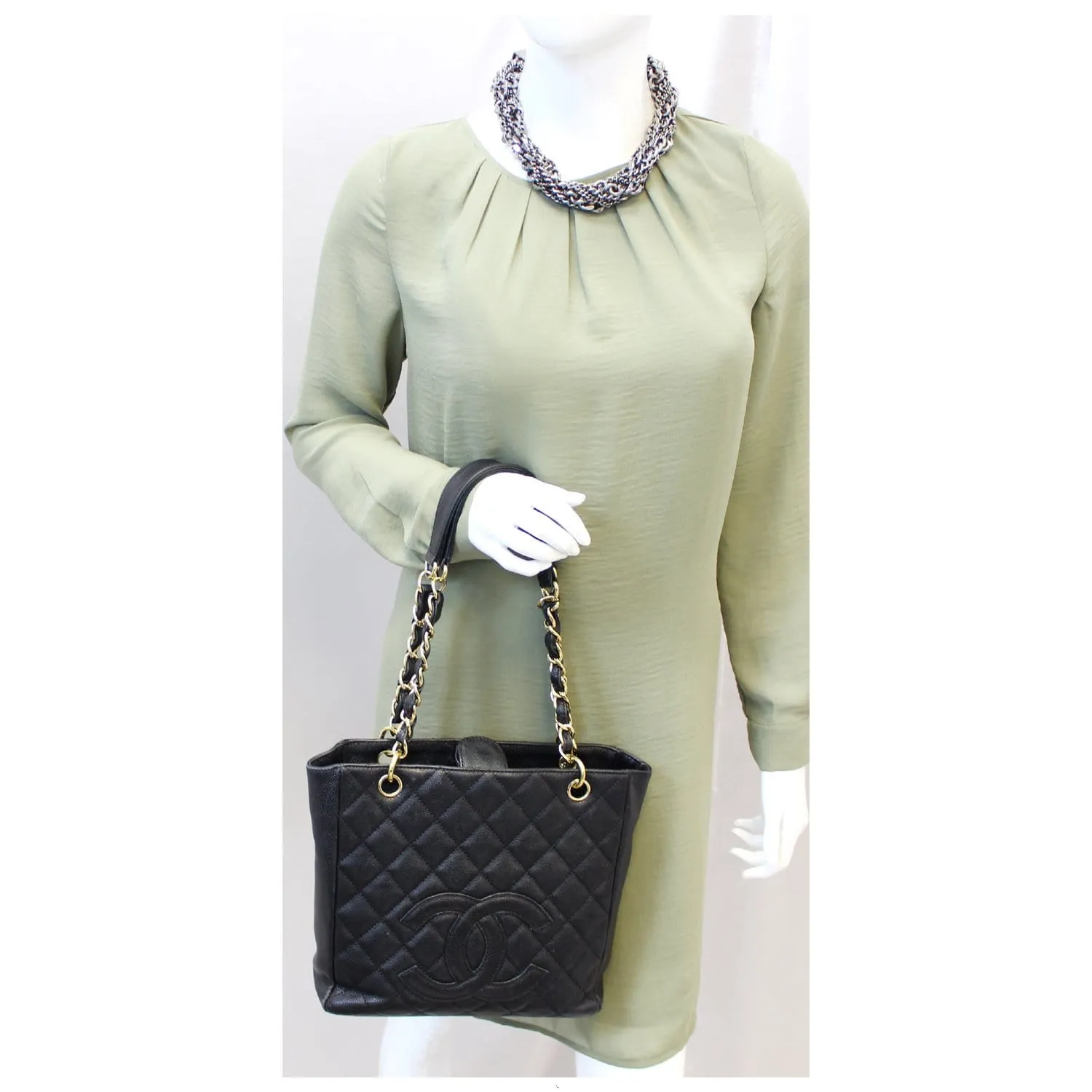 CHANEL PST Petit Shopping Caviar Leather Tote Bag Black