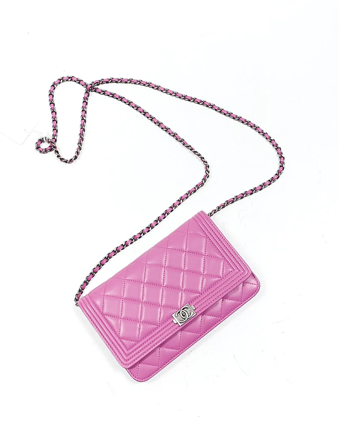 Chanel Purple Lambskin Quilted Boy Wallet On Chain