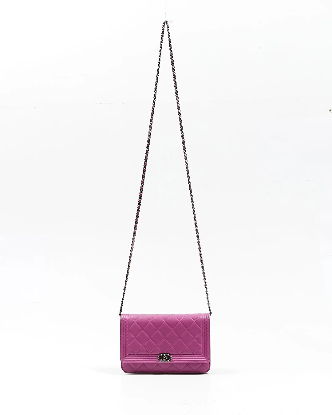 Chanel Purple Lambskin Quilted Boy Wallet On Chain