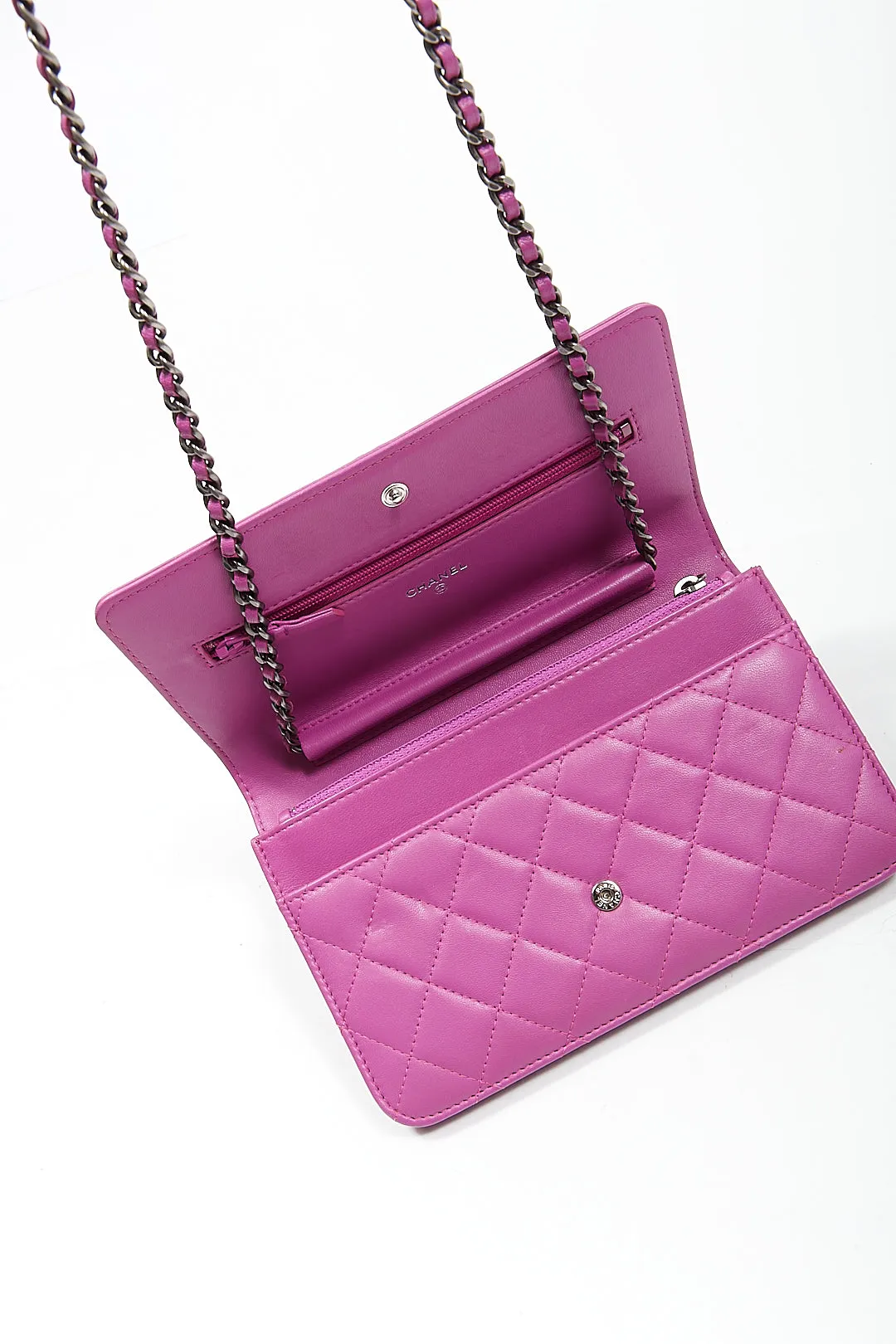 Chanel Purple Lambskin Quilted Boy Wallet On Chain
