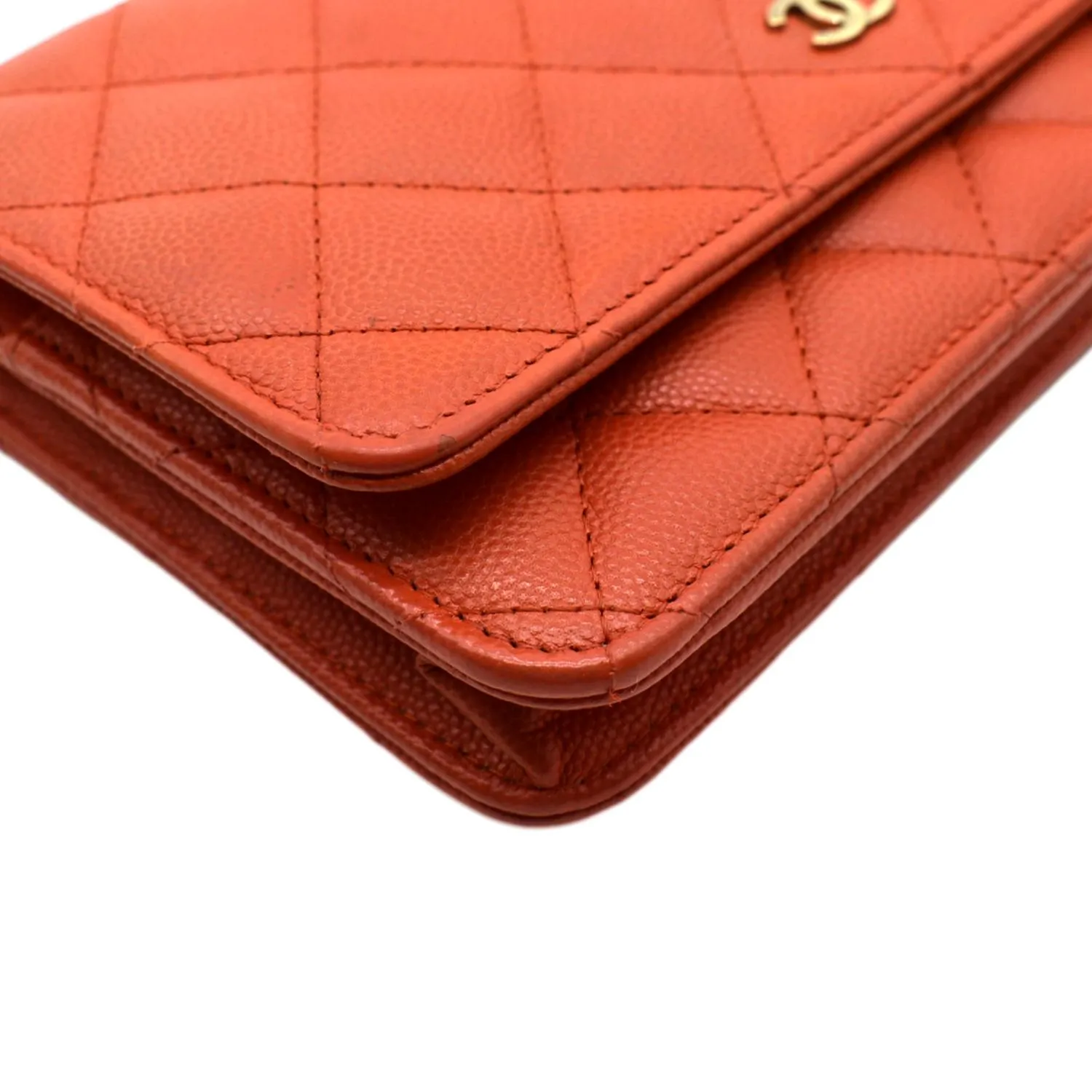 CHANEL WOC Quilted Caviar Leather Crossbody Wallet Red Orange