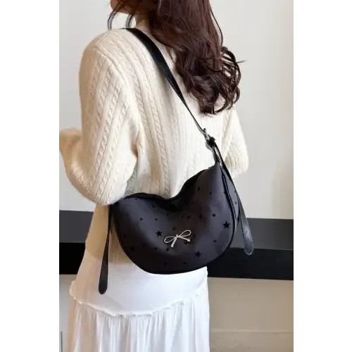 Chic Polka-Dotted Bow Crossbody Bag with Polyester Printed Adjustable Strap