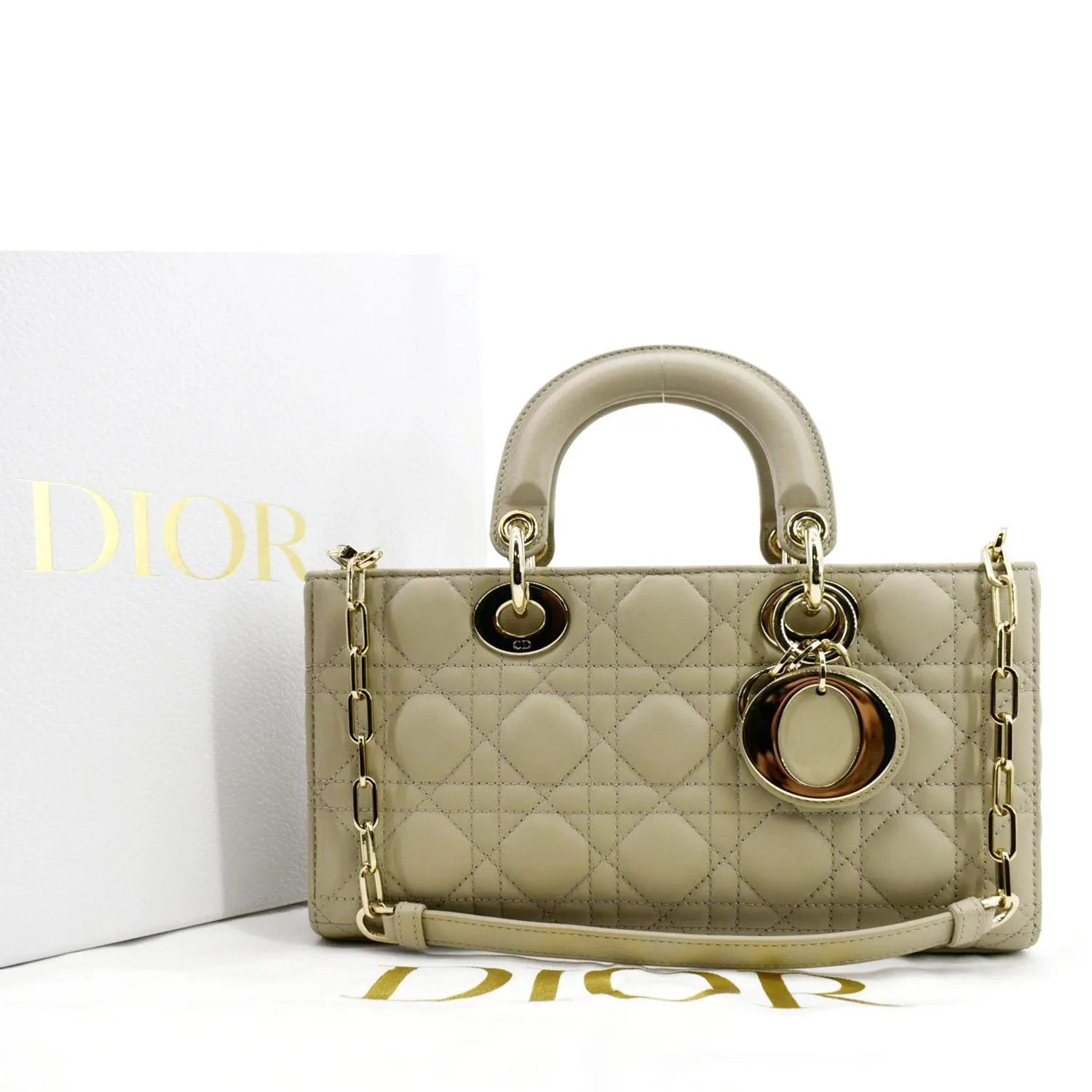CHRISTIAN DIOR Lady D-Joy Medium Cannage Lambskin Chain Shoulder Bag Sand