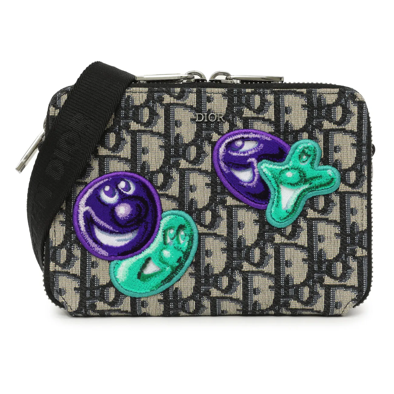 Christian Dior X Kenny Scharf Oblique Embroidered Patches Double Zip Crossbody Pouch